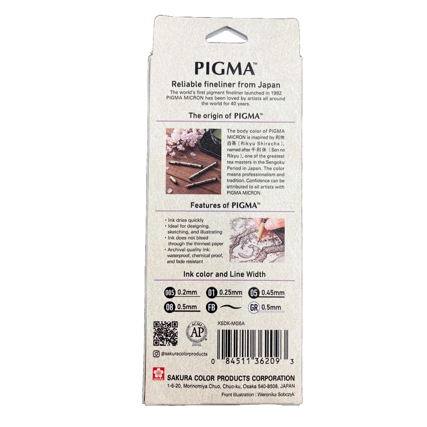 SAKURA Pigma Micron - Pigment Fineliner Pens - 005/01/05/08/GellyRoll 0.5mm/Fine Brush - Paper Case of 6 - Black Ink