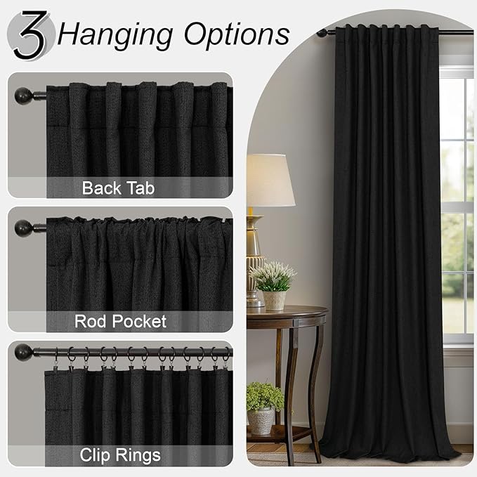 Pitalk 54 Inch Blackout Curtains Length 2 Panels Set Back Tab Pocket Room Darkening Insulating Thermal Short Sunblock Solar Soundproof Black Dark Out Curtains for Bedroom Nursery Man Cave 52x54 Long