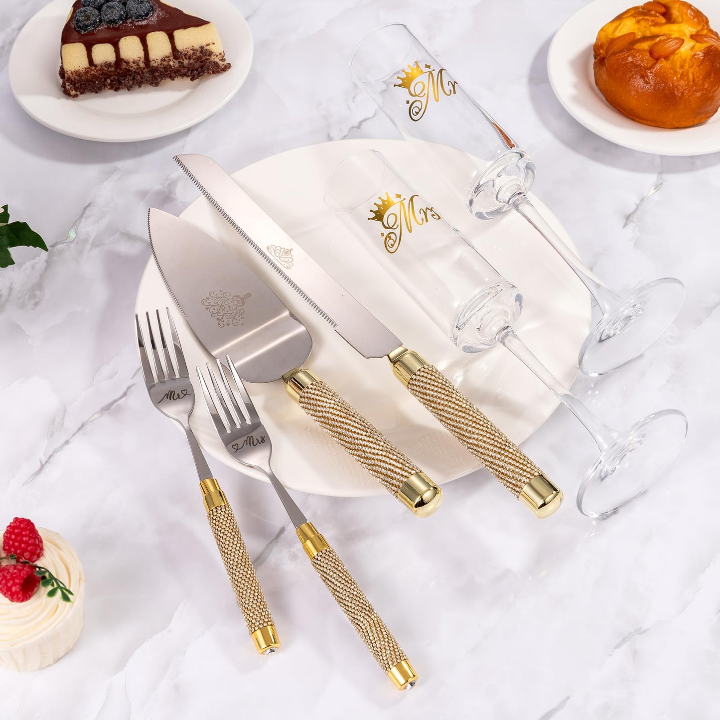 Wedding Cake Cutting Set, Champange Flutes with Cake Knife and Server Set for Bride and Groom Anniversary Engagement Bridal Shower Gifts