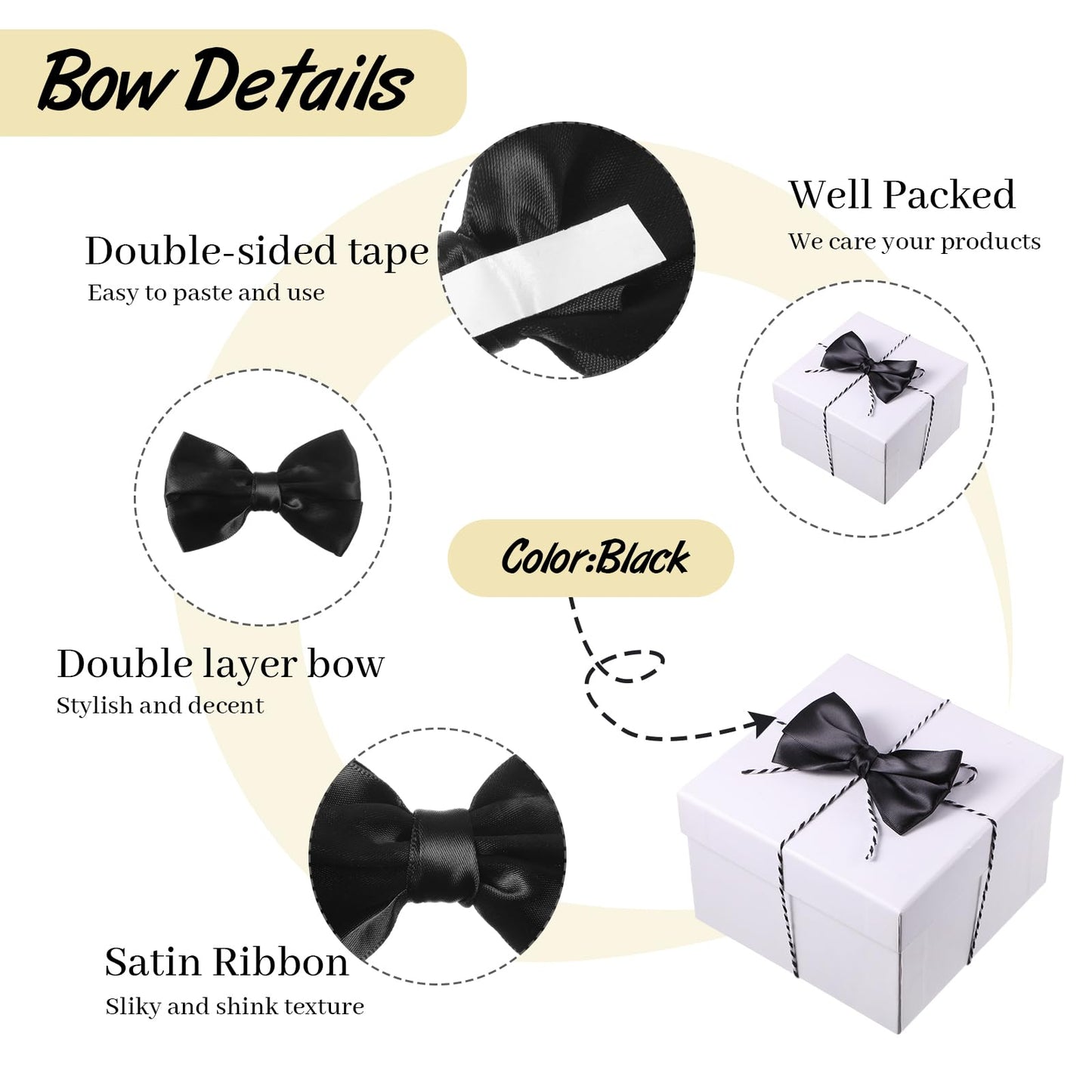 Riceshoot 24 Pcs Satin Ribbon Bows 3.5" Self Adhesive Satin Bows Gift Wrapping Stick on Premade Ribbon Bow with Double Sided Tape for Making Crafts Baby Shower Party Wedding Decor(Black)