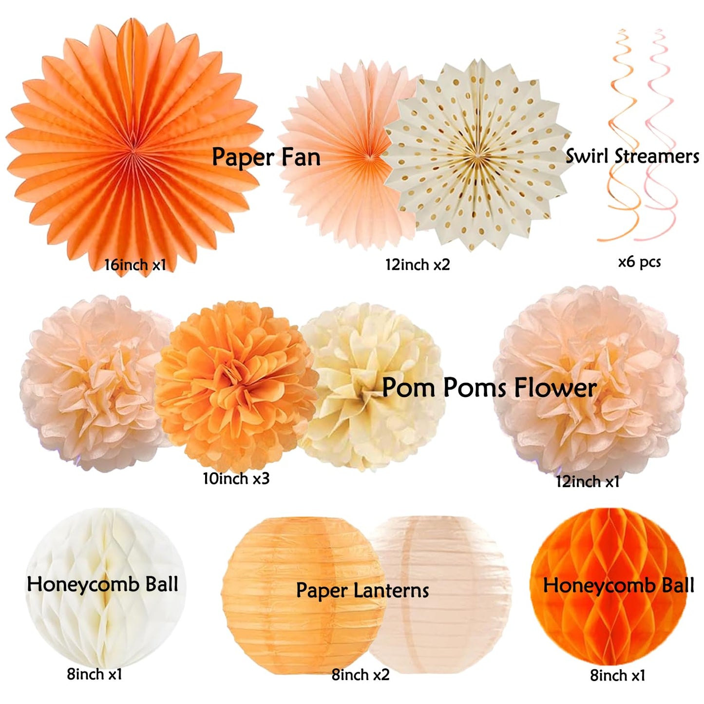 Orange-Peach Fall Boho Birthday Party Decorations - 62pcs Happy Birthday Banner, Beige Rustic Paper Lanterns, Streamers, Tissue Pom Poms, Burnt Orange Apricot Party Balloons, Fall Backdrop Decor