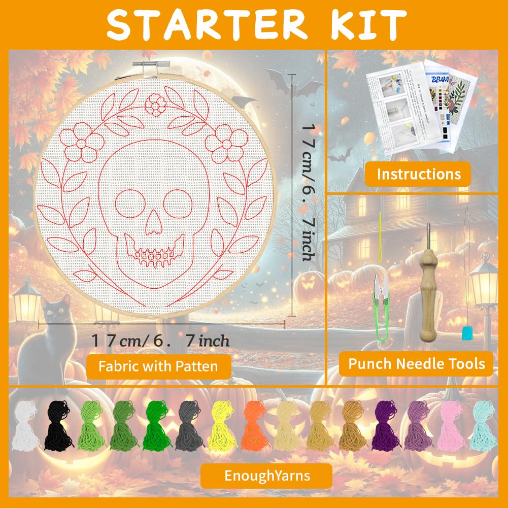 ACRNIGHEET 6Pcs Punch Needle Kits for Adults Beginners Include Instructions, Halloween Punch Needle Embroidery Kit, Pre-Printed Pattern, Embroidery Hoop, Yarns, Needles, DIY Crafts Gifts Idea