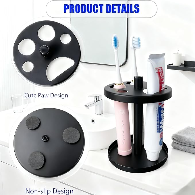 Black Metal Toothbrush Holder – Countertop 4‑Toothbrush Organizer Set with Toothpaste Holder, Fits Electric & Manual Toothbrushes, Rust‑Proof Bathroom Tooth Brush Stand Set