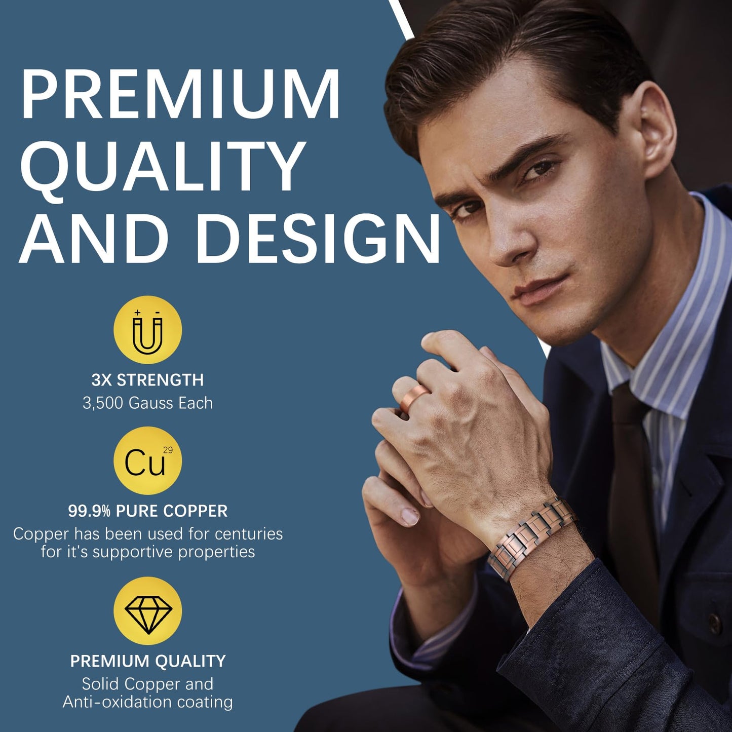 Jecanori 3X Magnetic Copper Bracelet for Men, Ultra Strength Magnetic Bracelet and Copper Ring Jewelry Gift Set with Adjust Tool