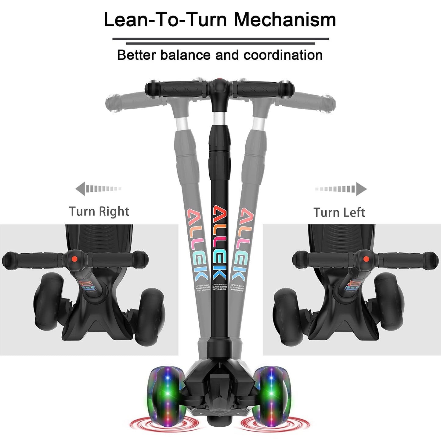 Allek Kick Scooter B03, Lean 'N Glide 3-Wheeled Push Scooter with Extra Wide PU Light-Up Wheels, Any Height Adjustable Handlebar and Strong Thick Deck for Children from 3-12yrs (Black)
