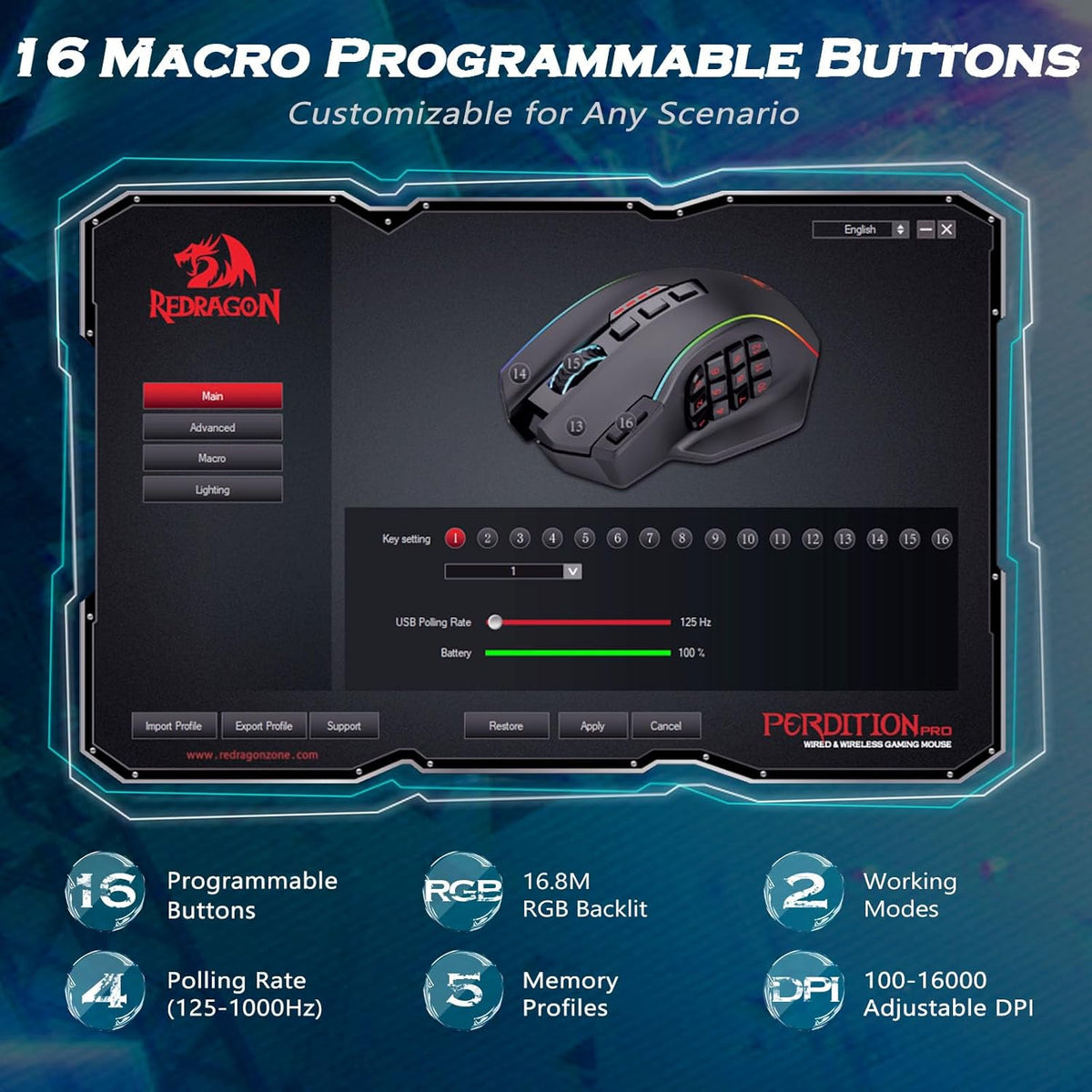 Redragon Wireless Gaming Mouse, MMO Gaming Mouse UP 16,000 DPI, 16 Macro Programmable Buttons, RGB Rechargeable Mouse with 12 Side Buttons, 70Hrs for PC Laptop MOBA FPS, White,M901P-WS