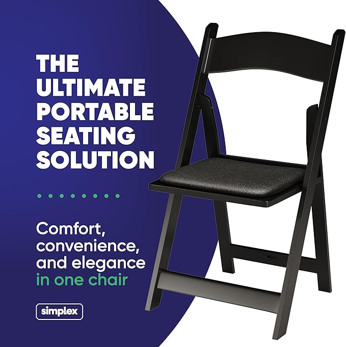 SIMPLEX 8 Black Resin Stackable Folding Chair - Comfortable Black Foldable Chair - Folding Chairs with Padded Seats - Indoor/Outdoor Folding Chairs for Events - Lightweight Foldable Chairs (8 Pack)