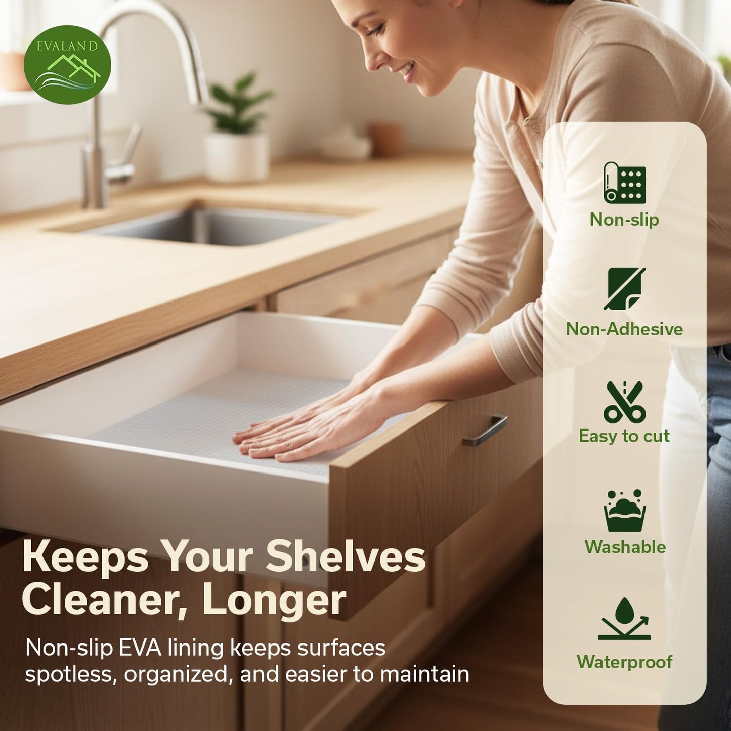 EVALAND Shelf Liners for Kitchen Cabinets Non-Adhesive 15.75" x 33 FT Clear Drawer Liner Non Slip, Washable Cabinet Liner, Waterproof Shelf Liners for Cabinet, Refrigerator Bathroom Pantry - Thickened