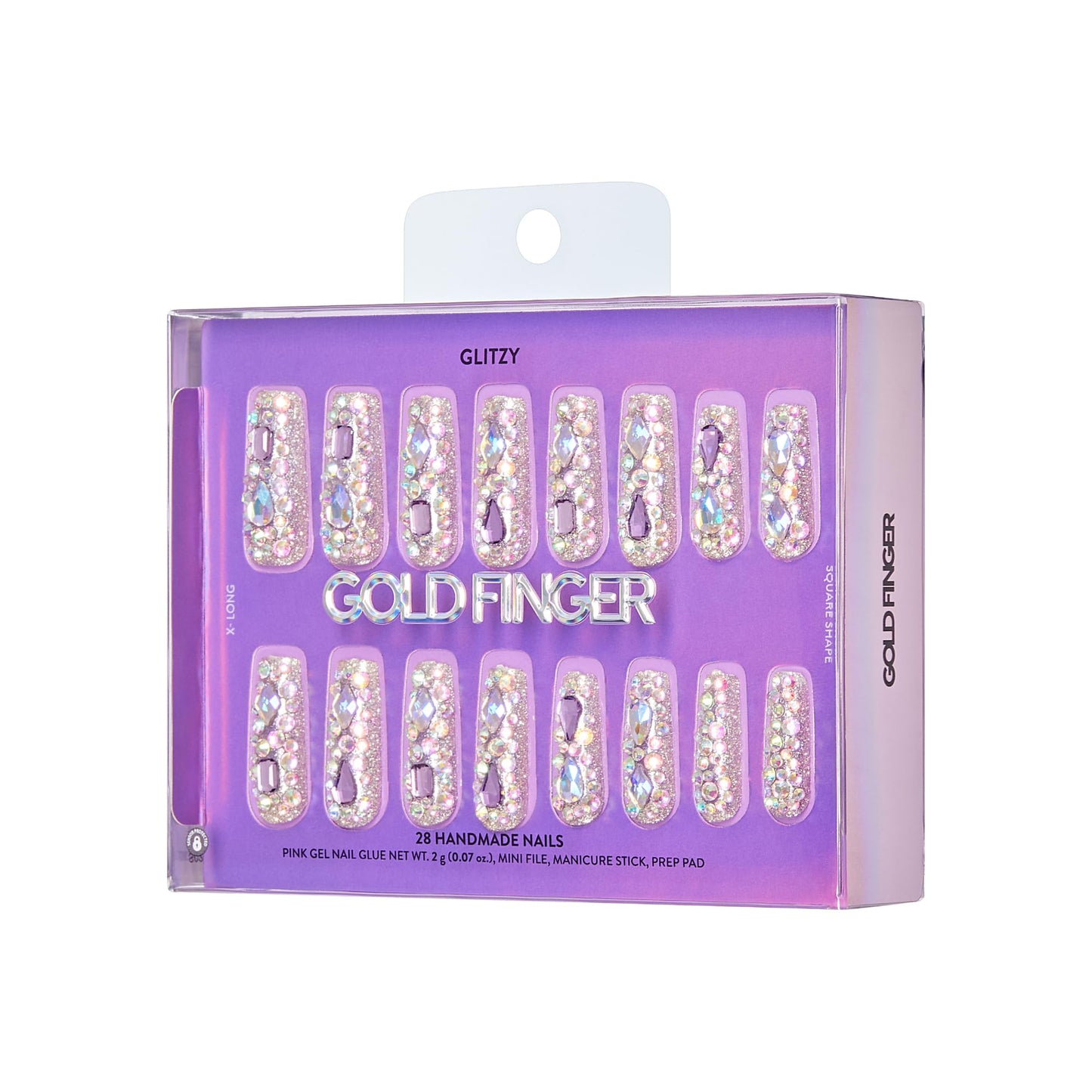 Glitzy 3D Handmade Press On Nail Kit, Multicolor Rhinestone Gem X-Long Square False Nail, Reusable & Lasts Up To 2 Weeks, Seamless Snug Fit Technology, Includes Glue, File & 28Pcs Manicure Set