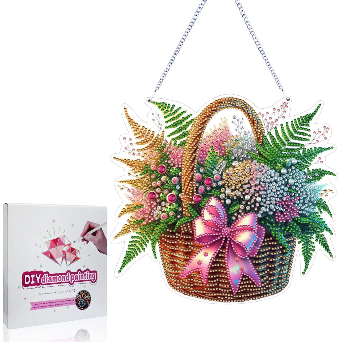 Koikify Hanging Diamond Art Kit for Adults, DIY Flower Basket Diamond Painting Ornament with Gem Painting Front and Printed Back for Home Decor and Gifts