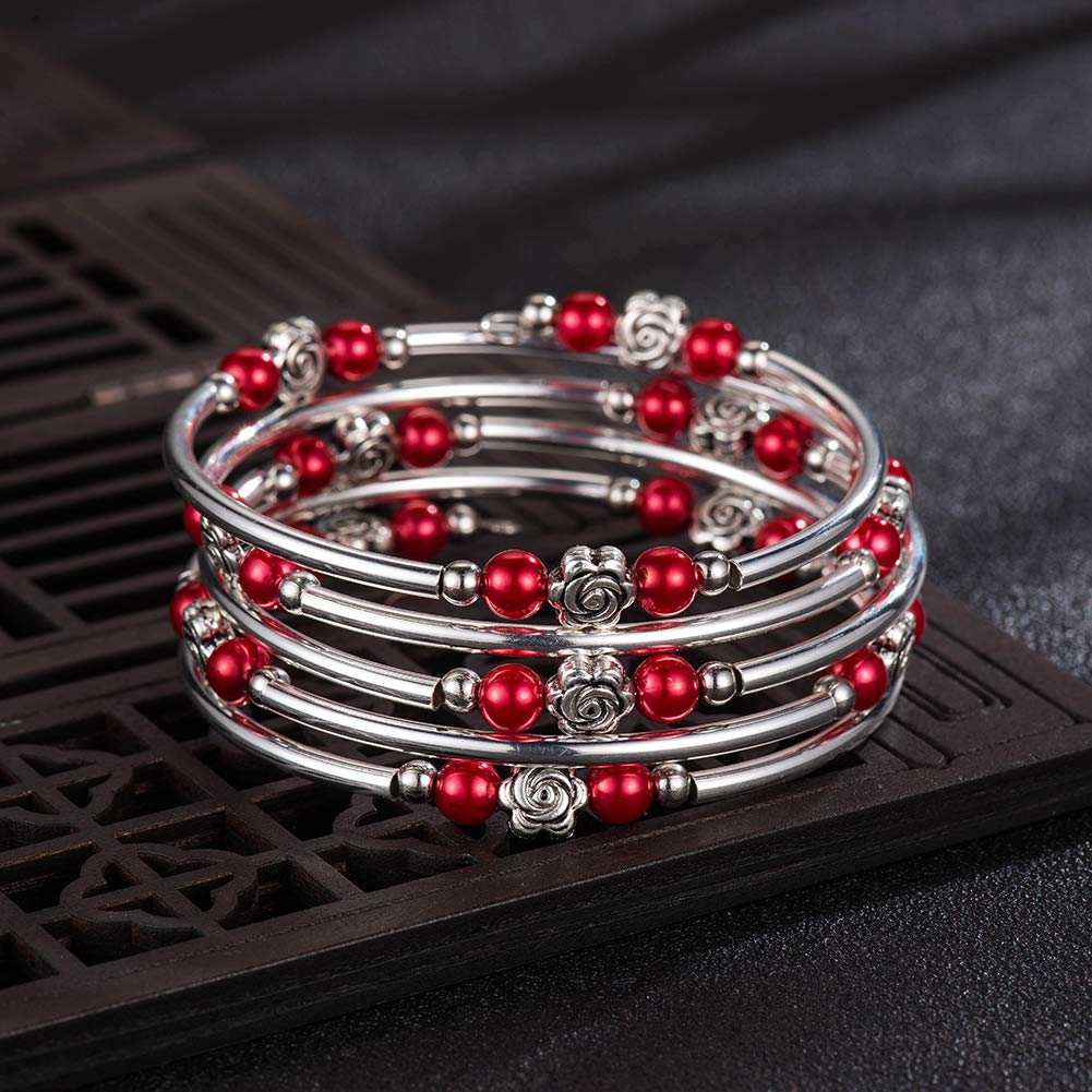 BULINLIN Wrap Bangle Rose Bead Bracelet - Beaded Bracelet with Natural Agate Stone Gifts For Women(01-Red pearl)