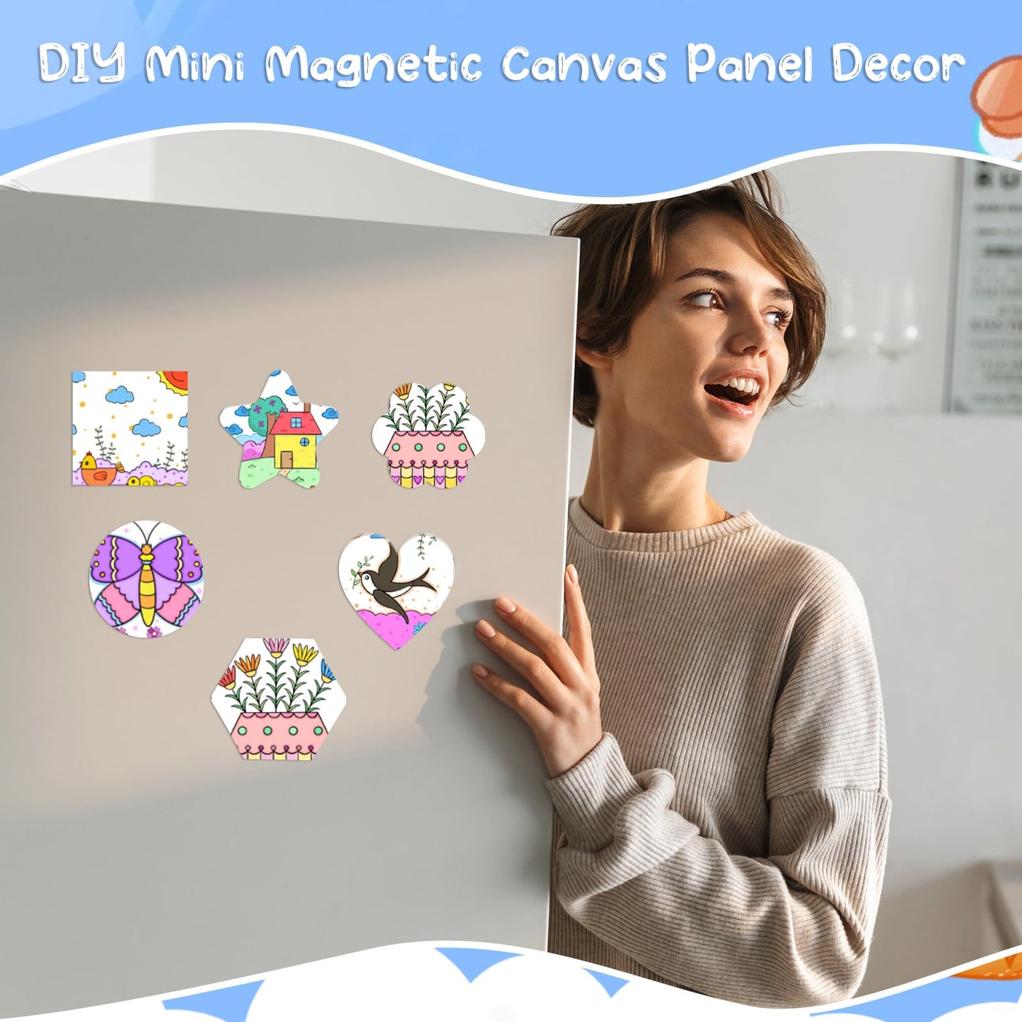 ZhouBoat 60 Pcs Magnetic Canvas Panel Mini Canvas Boards for Painting 3 Inch Small Canvases Bulk Mini Canvases DIY Decorative Magnets Painting Crafts for Fridge Locker Home Office Decor (Mixed Styles)