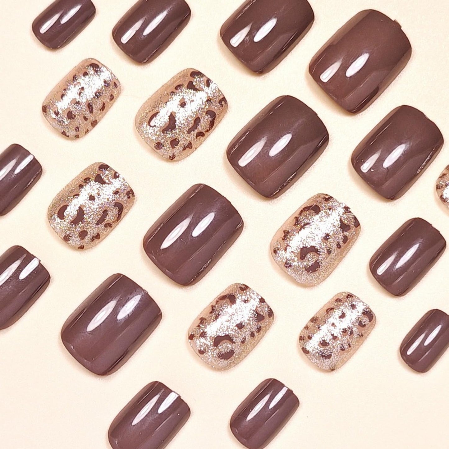 24 Pcs Leopard Print French Tip Press on Nails with Glitter Designs Glossy Brown False Nails Short Square Fake Nail Full Cover Acrylic Glue on Nails for Women DIY Manicure Nail Decoration