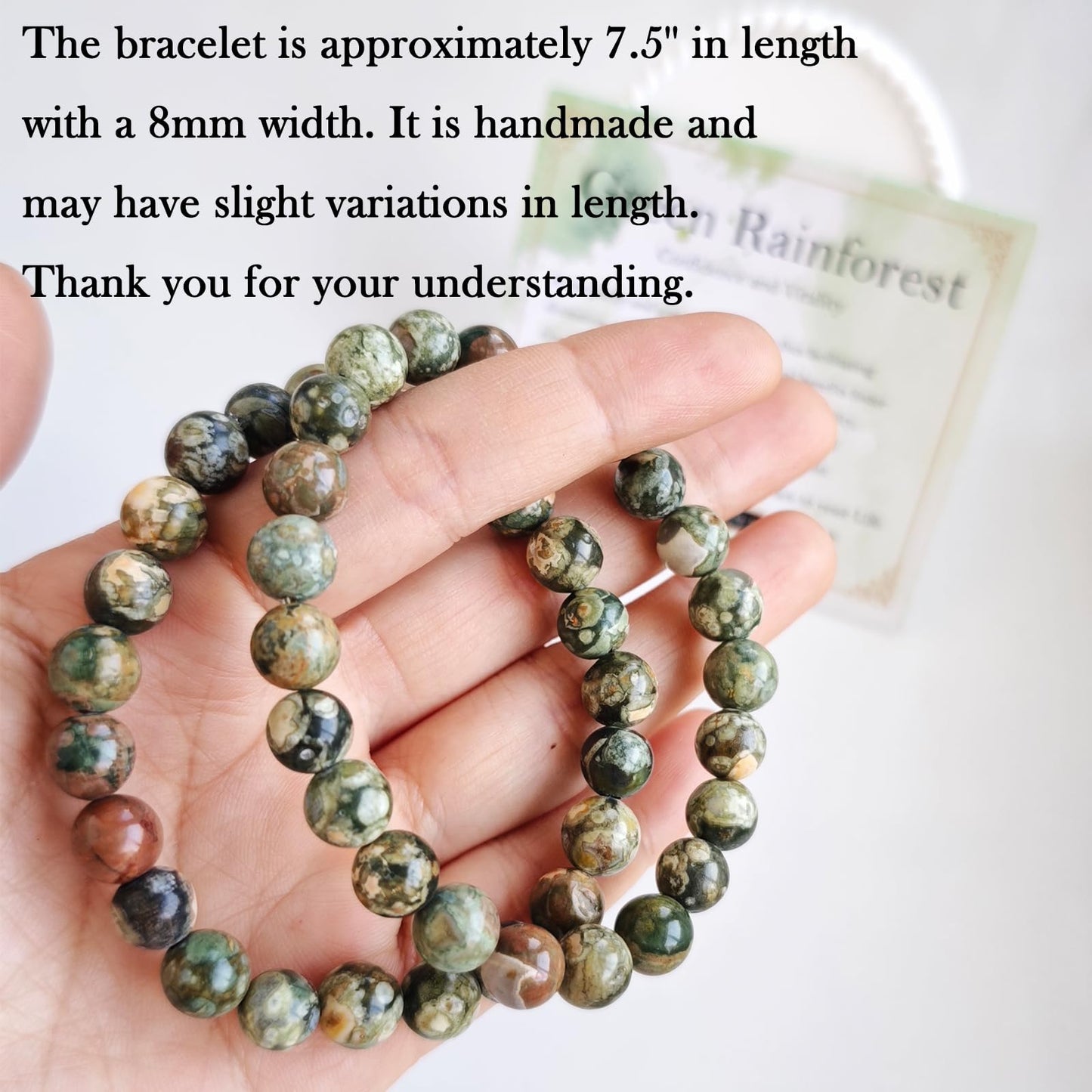 Handmade Natural Gemstone Elastic Bracelet - Healing Crystal Beads Jewelry, Unisex (Green Rainforest Jasper, 8mm)