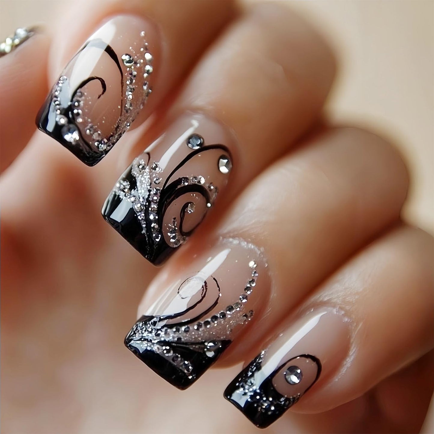 Square Press on Nails Medium Fake Nails with Black Lines Rhinestones Designs Glossy Nails Press ons Nude Glue on Nails Acrylic Nails Artificial Stick on Nails for Women 24Pcs