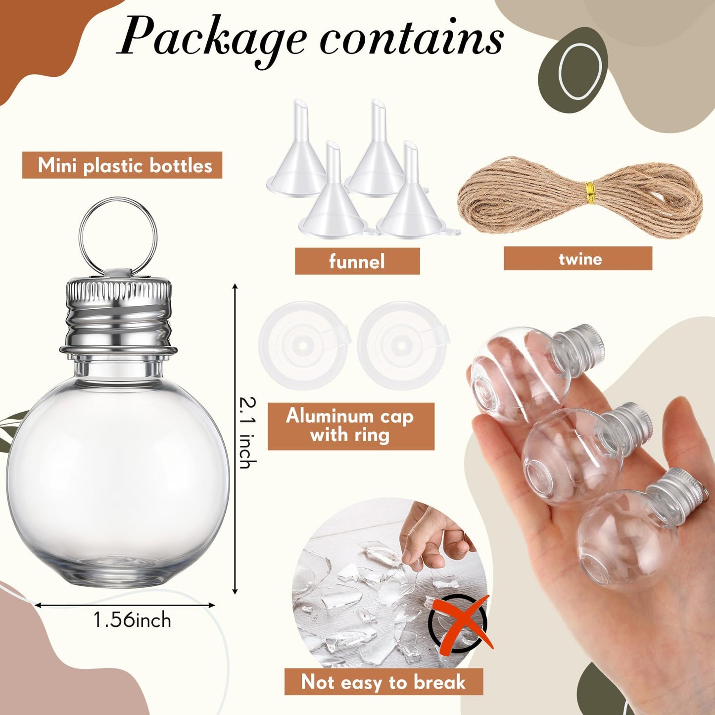 Bokon 50 Pack 1oz Mini Plastic Potion Bottles with Lids, Small Sand Art Bottles Ball Shaped Jar Tiny Clear Wishing Vial for Birthday Christmas Ornaments Halloween Party Decoration DIY Craft (Sliver)