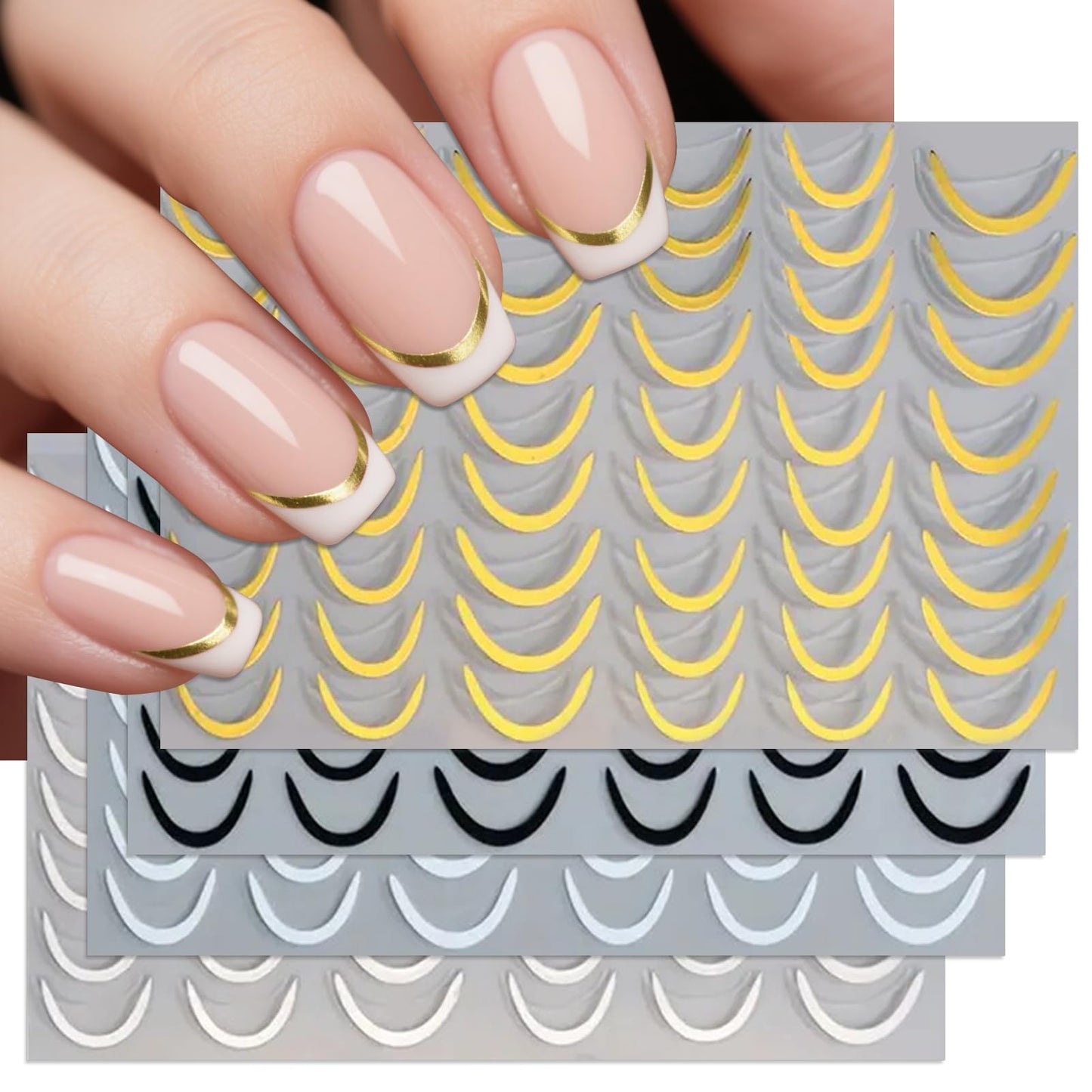 IDDFEVE 8 Sheets French Line Nail Art Stickers - 5 Colors Two Thicknesses Self-Adhesive Curved Stripes Nail Decals, French Tips Guides for DIY Manicure