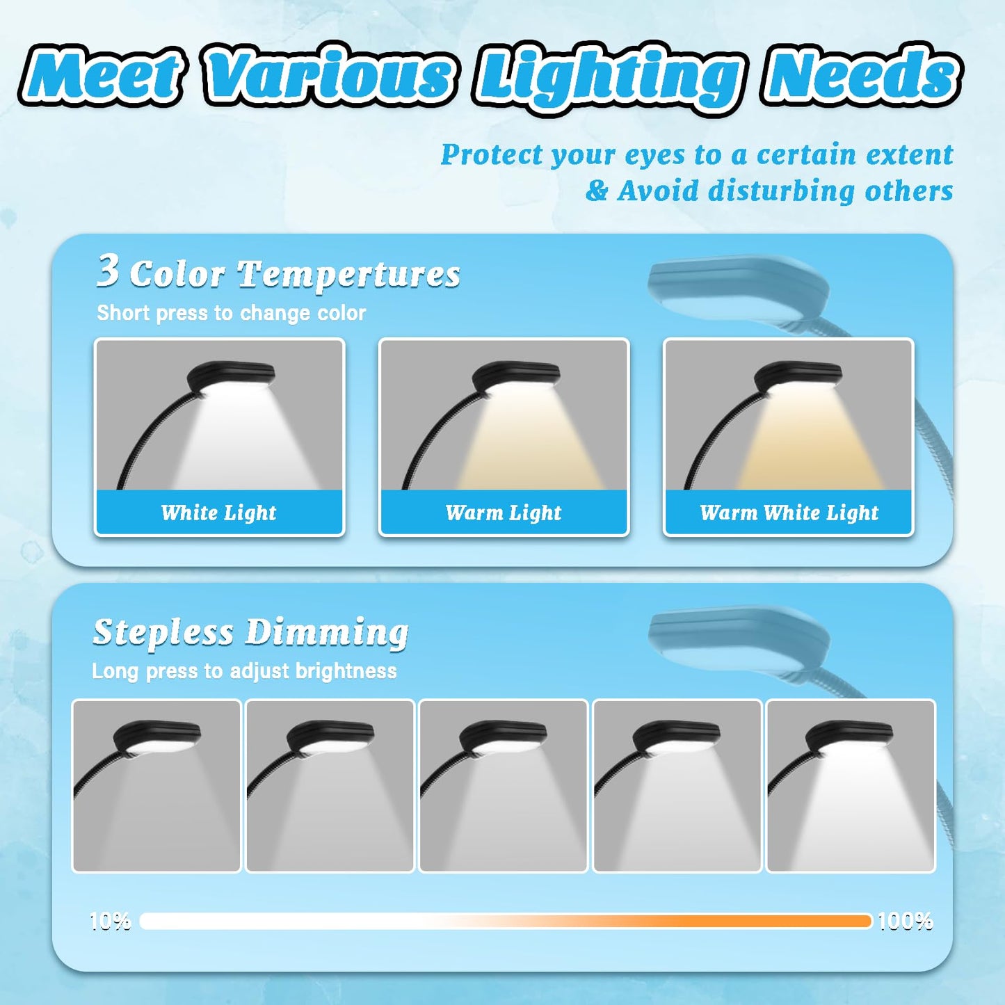 Rechargeable Book Light, Reading Lights for Books in Bed with 3 Color Temperatures & Stepless Dimming Brightness, 360°rotatable clip-on reading light with magnetic suction, suitable for Book Lovers