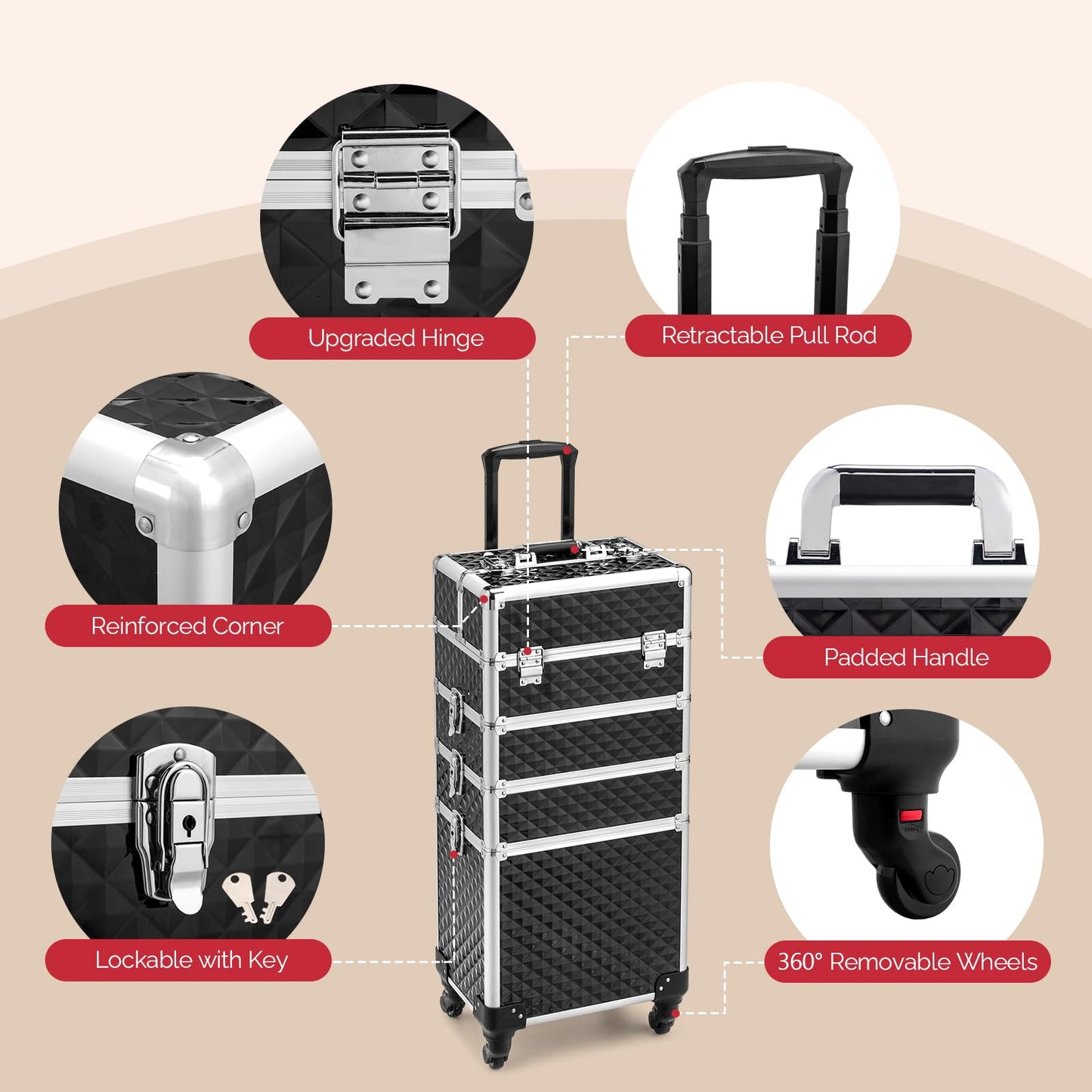 mefeir 4-in-1 Rolling Makeup Train Case Lift Handle,4 Removable Wheels Lockable Keys,Aluminum Cosmetic Trolley Beauty Stylist Artist Organizer Box,Ideal Xmas New Year Gift (Diamond Black)