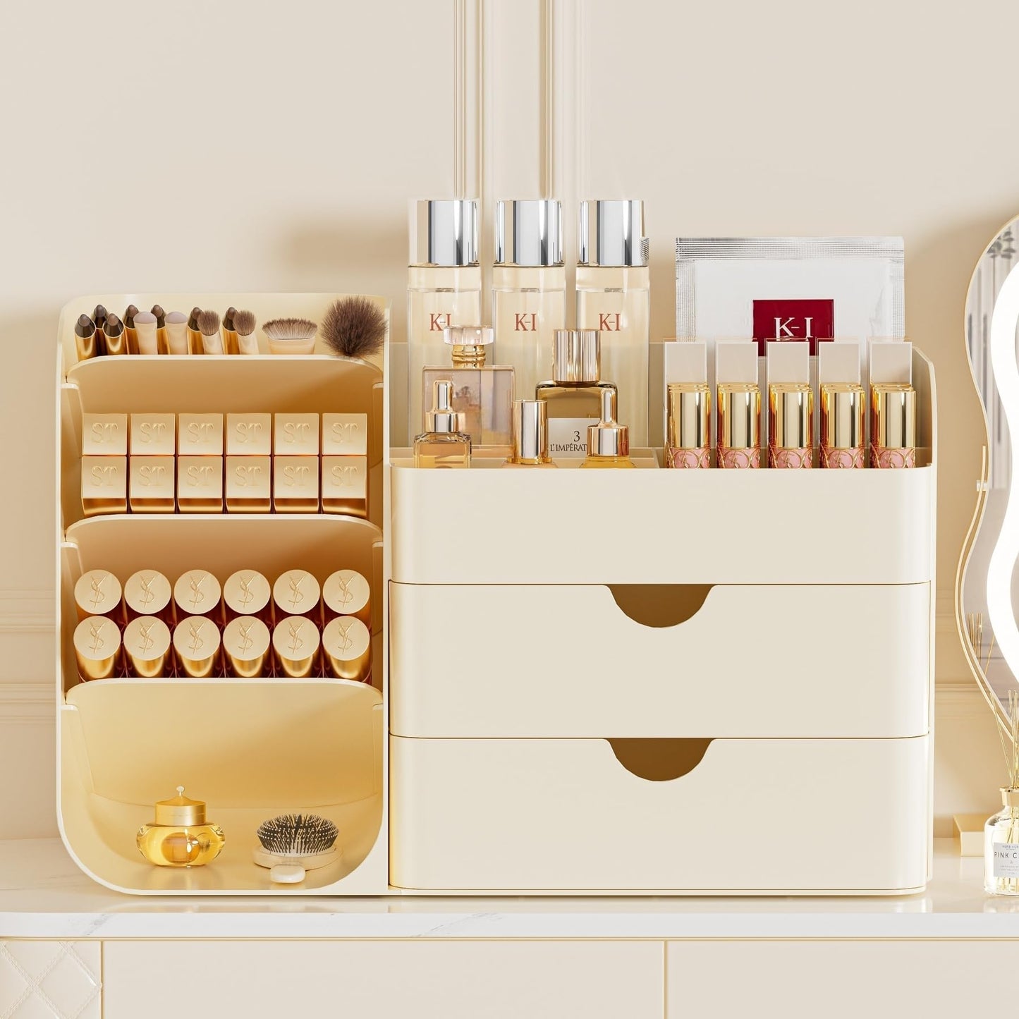 KQJS Makeup Organizer with Drawers, Large Capacity Countertop Organizer for Vanity, Bathroom and Bedroom Desk Cosmetics Organizer, Easy To Storage Skincare,Brushes, Eyeshadow,Lipstick (Cream)