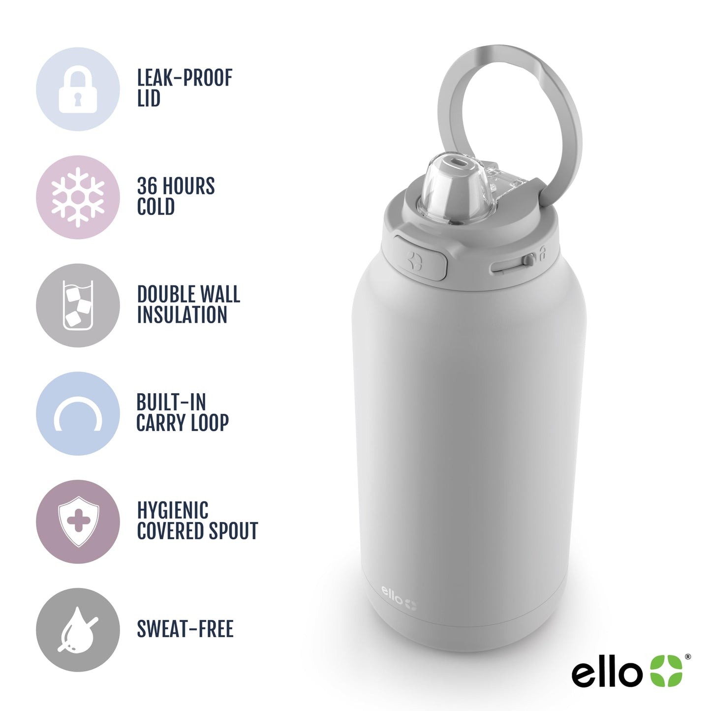 Ello Hydra 64oz Stainless Steel Water Jug with Locking Leak Proof Lid | Reusable Half Gallon Vacuum Insulated Metal Bottle with Silicone Straw, Keeps Drinks Cold All Day, Gift Ready, Grey