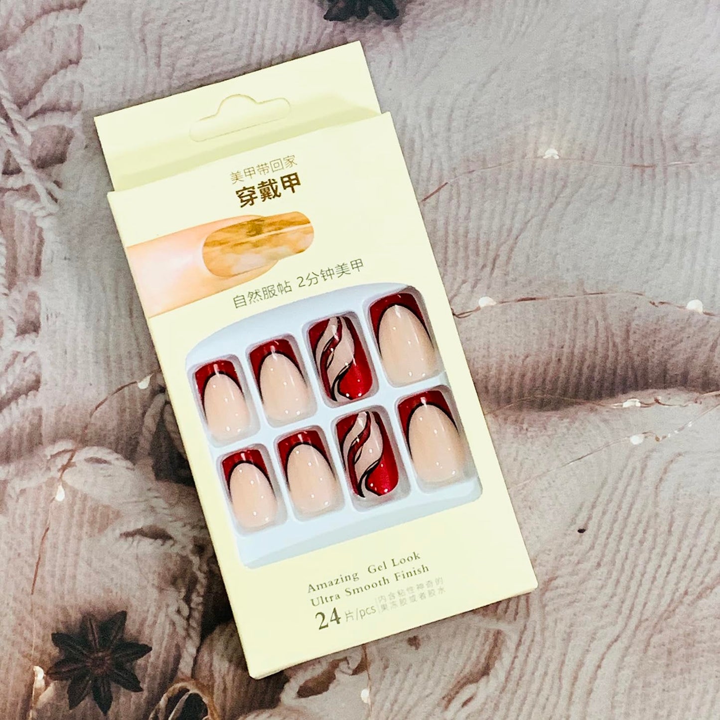 Vezocim Red Press on Nails Square Shapes 24Pcs French Tips Glossy Full Cover Medium Acrylic Square False Nails with Line Designs Artificial Coffin Fake Nails Glue Stick ons Fingernails for Women