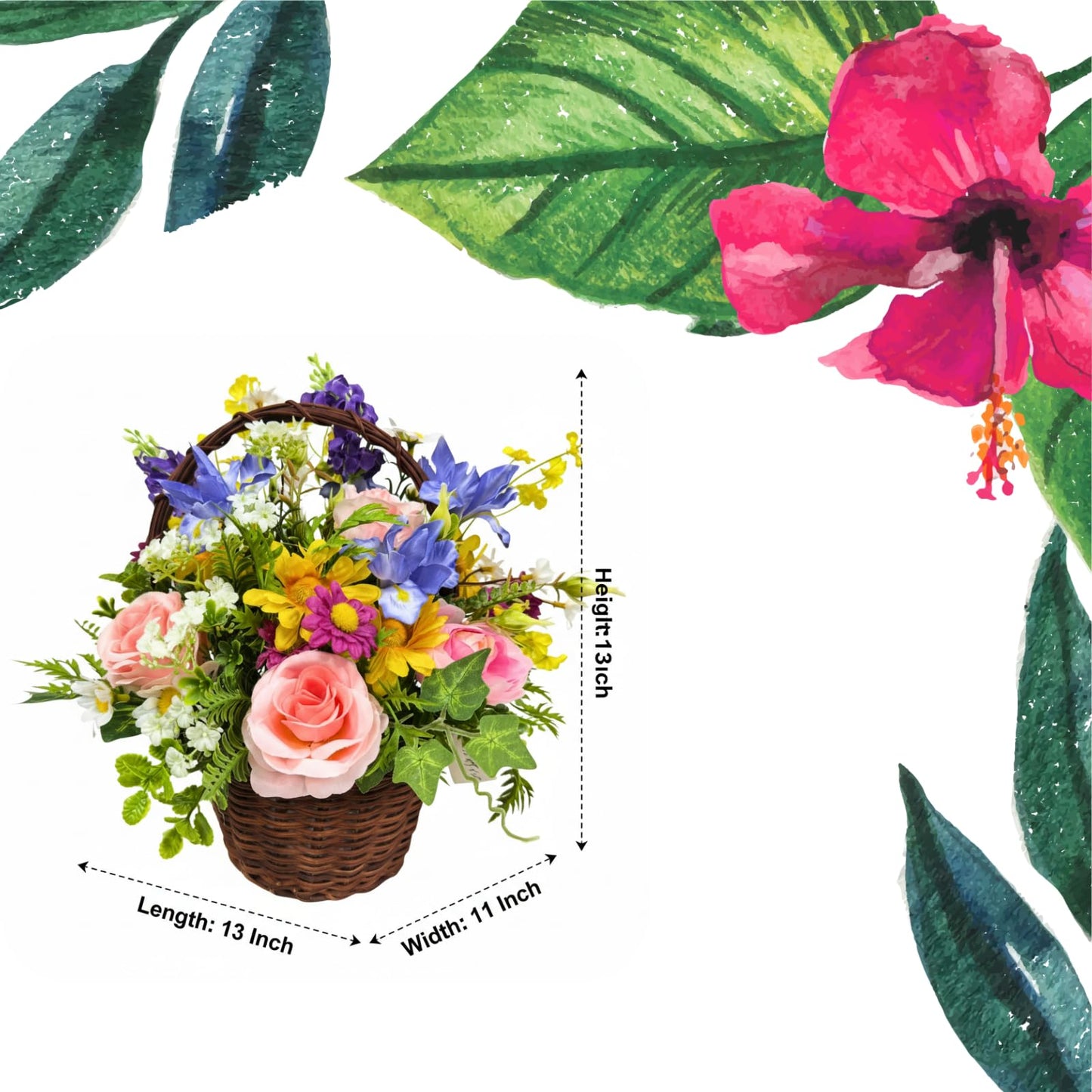 Lnymura Pre-lit Spring Summer Rose Flower Basket with Timer 13 Inch Rustic Floral Arrangement Table Centerpiece with Wildflower, Roses, Daisies and 10 Warm White LEDs for Home Kitchen Decor