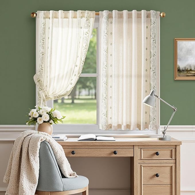 jinchan Winslow Linen Curtains 45 Inch Length Small Window Curtains Embroidered Bordered Floral Drapes Light Filtering for Bathroom Laundry Room Kitchen Farmhouse Decor Sage on Beige 2 Panels