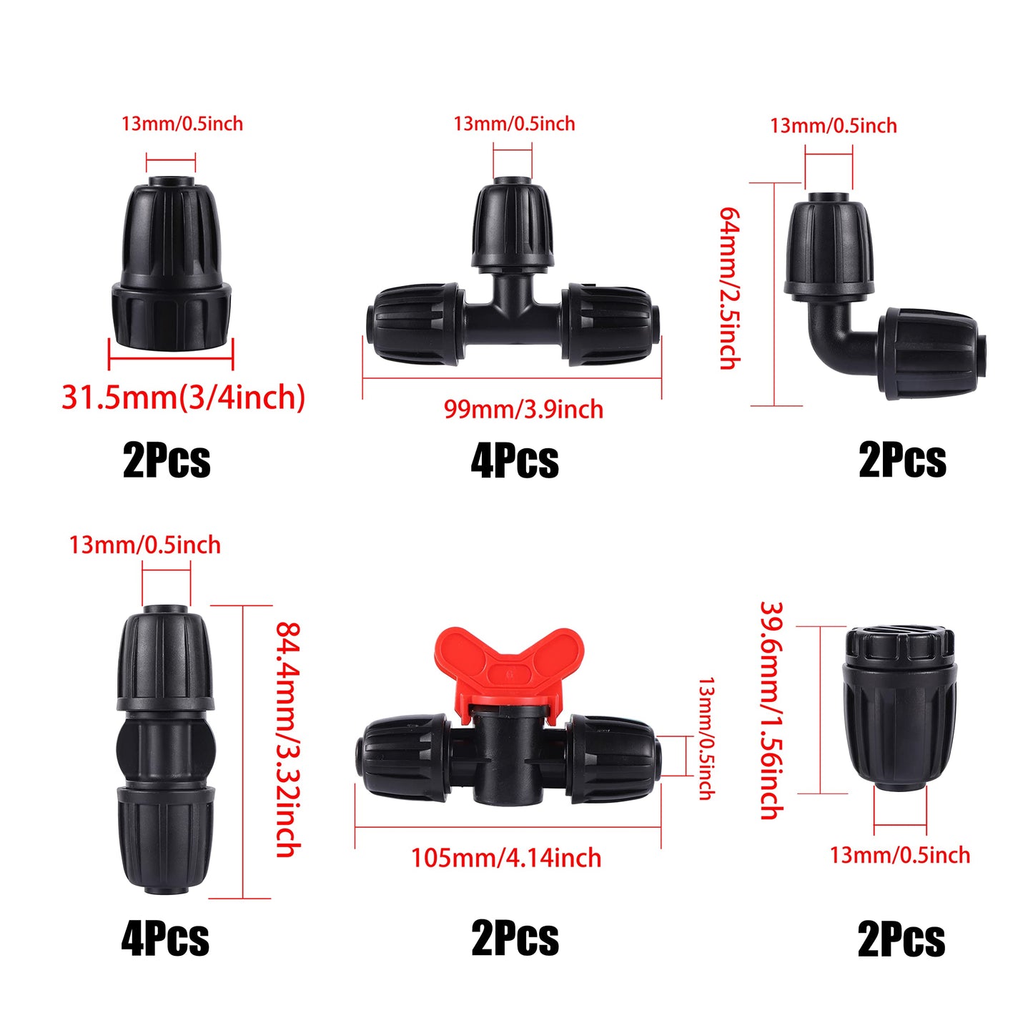 16 Pcs 1/2 inch Tubing Irrigation Fittings Kit, For (1/2" ID x0.6-0.63" OD) 16mm Drip Tubing Barbed Locked Nuts Connectors 2 Ends,2 Elbows,2 Switch Valves,2 US Standard Adapters,4 Tees 4 Couplings