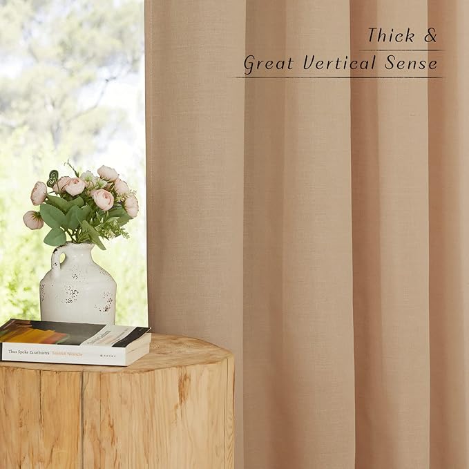 NICETOWN Rustic Linen 96 inch Long Curtains for Living Room, Grommet Privacy Added Thick Linen Weave with Light Filter Window Curtains & Drapes for Bedroom, Camel, W42 x L96, 2 Panels