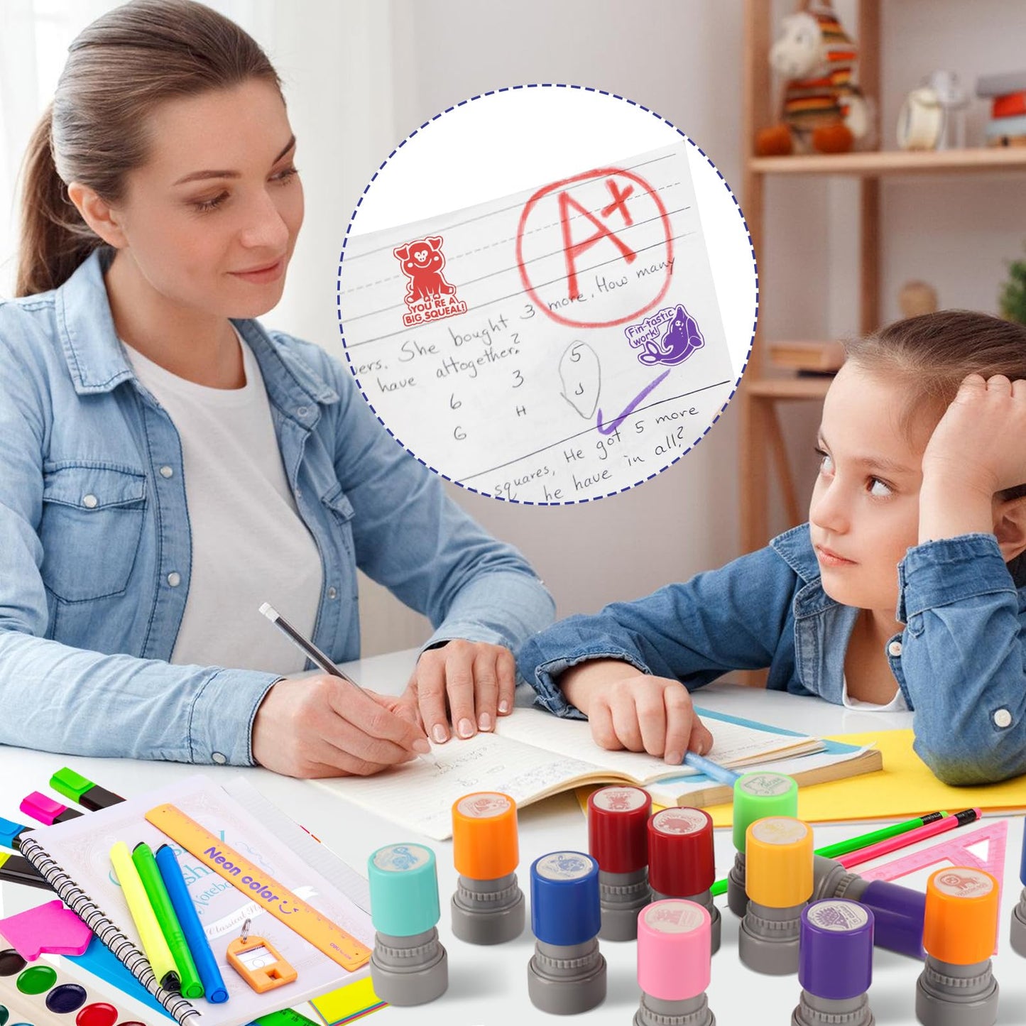 LOTMER 12 Pcs Teacher Stamps for Classroom, Self-Inking Rubber Colorful Stamps Classroom Rubber Stamp for Grading Homework Test Motivation Students Supplies