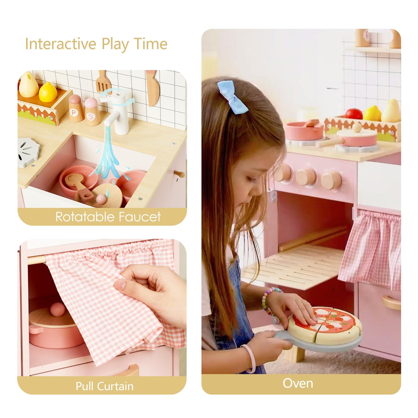 Pink Wooden Play Kitchen with Realistic Features & Accessories, Pretend Cooking Toy for Kids 3+, Ideal Gift for Toddler Boy and Girls