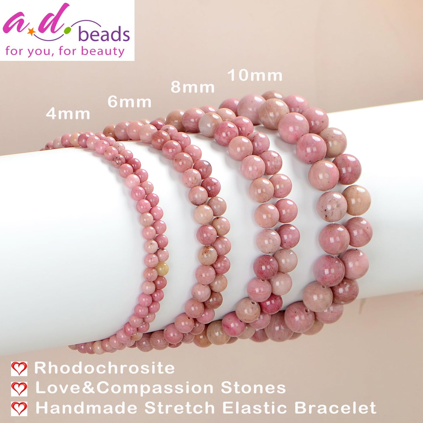 AD Beads Handmade Gemstone Stretch Elastic Bracelet Crystal Healing Reiki Nature's Beauty and Spiritual Essence Unisex (8mm, Rhodochrosite)