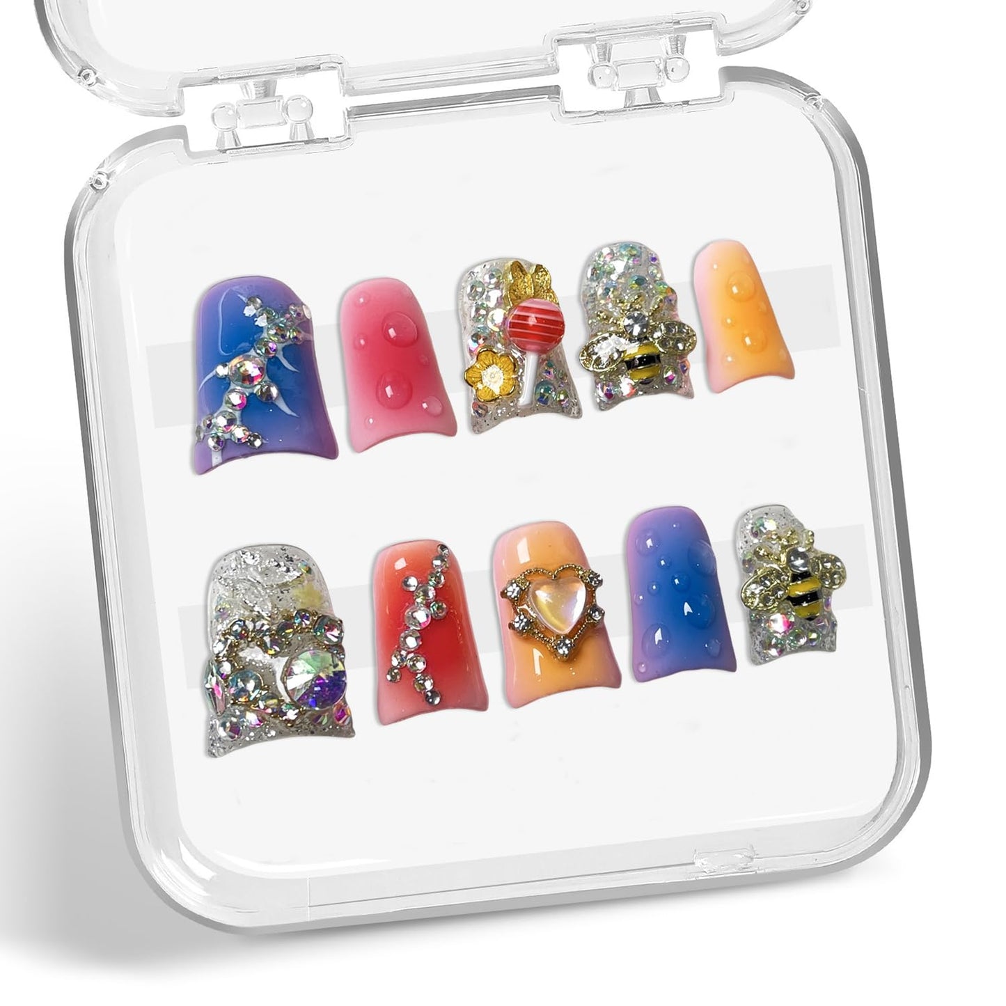 Gradient Press on Nails Luxury Handmade Fake Nail 3D Lollipop & Rhinetone Bee Design False Nails with Designs Heart Flower Press on Nails Muti-Layer Gel Thick Acrylic Nail for Women (Size M)