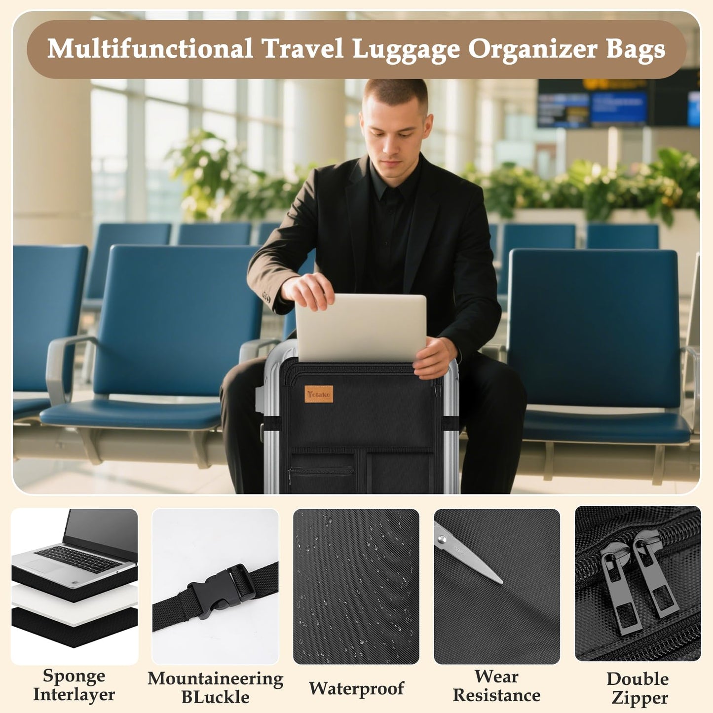 Yotako Over Luggage Organizer for Suitcase or Carry On Bag with 7 Storage Pockets-16” Laptop Sleeve with Handle and Adjustable Straps, Fits 20-30” Suitcase Travel Accessories Bag (Black)