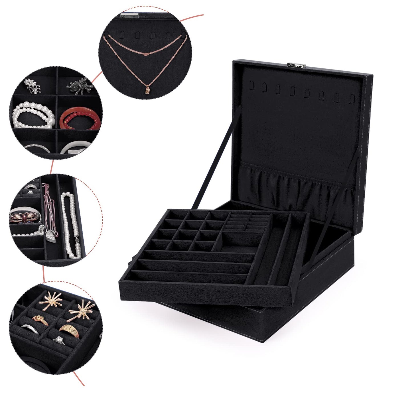 MOSISO Jewelry Box, Jewelry Storage Case Organizer Stackable Double Layer Lockable Display for Women Velvet Necklace Earring Bracelet Ring Watch Brooch Holder, Black
