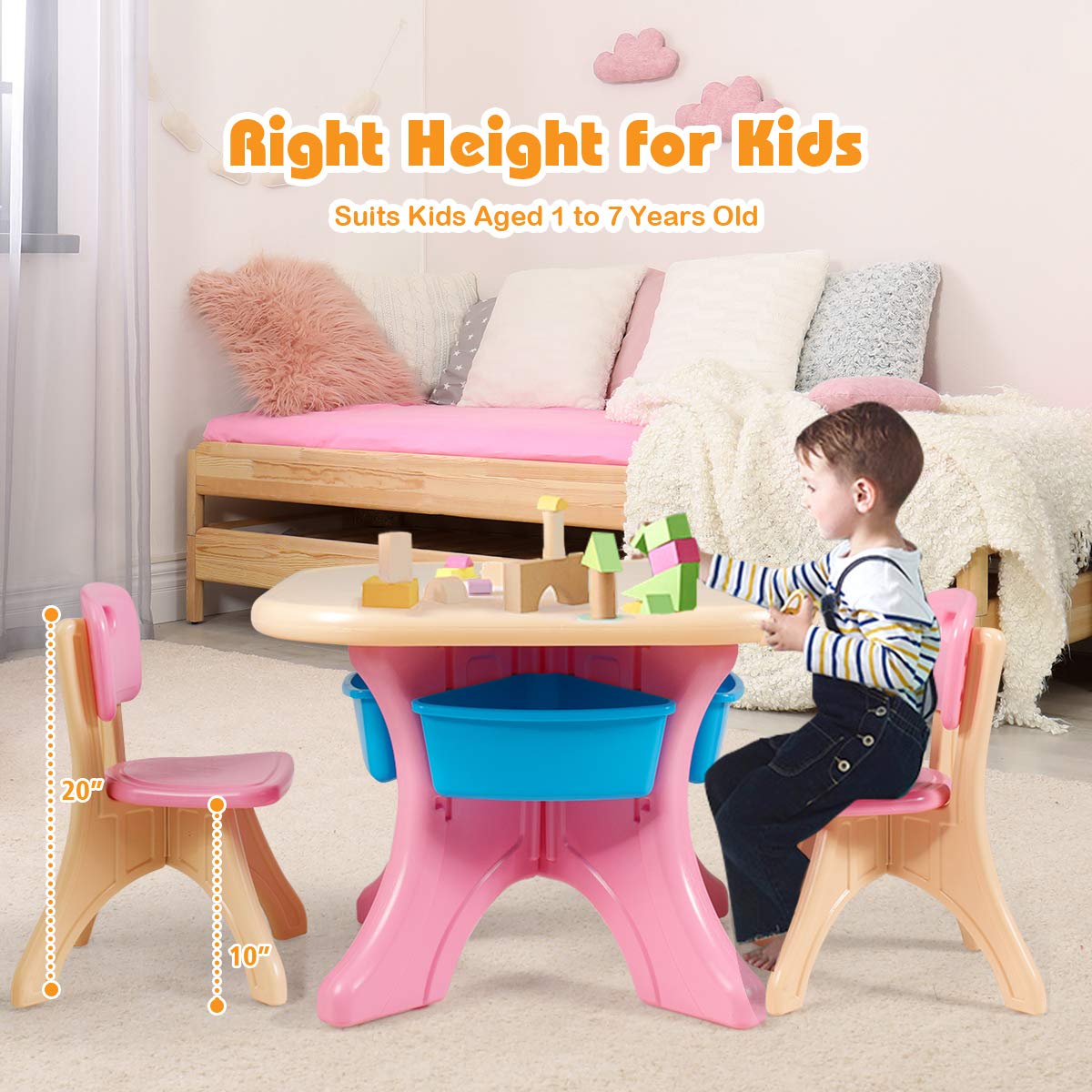 KOTEK Kids Table and Chair Set with Storage Bin, 3 Piece Activity Table Set with 2 Chairs for Toddler, Children Art Crafts Study Desk for Reading, Drawing, Painting (Pink)