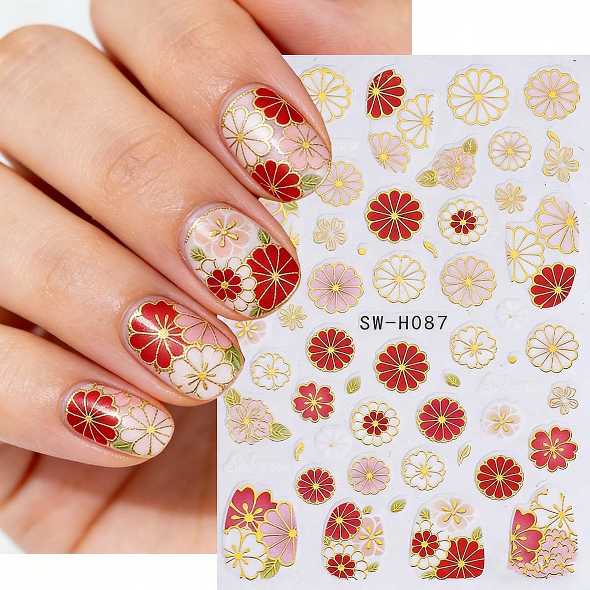 6 Sheets Flower Nail Stickers with Leaf Design Nail Decals 3D Self-Adhesive Gold Hollow Out Floral Nail Art Stickers Spring Summer Nail Decoration for Women DIY Manicure Supplies