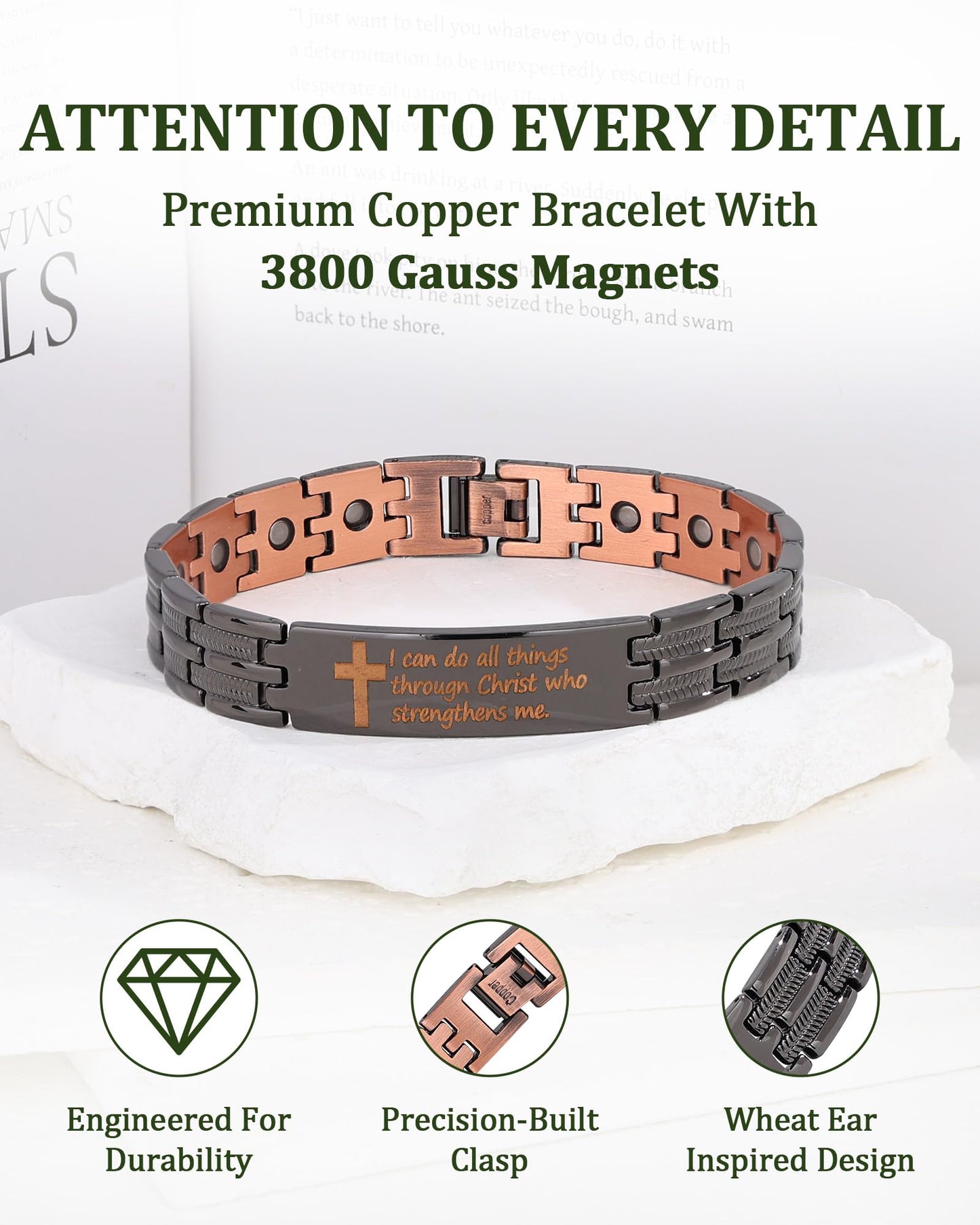 Fashtour Copper Cross Bracelet for Men, Ultra Strength Magnetic Jewelry, Rice-Ear Design Adjustable Copper Biblical Cross Bracelet with Sizing Tool & Box (Black-Philip 4:13)
