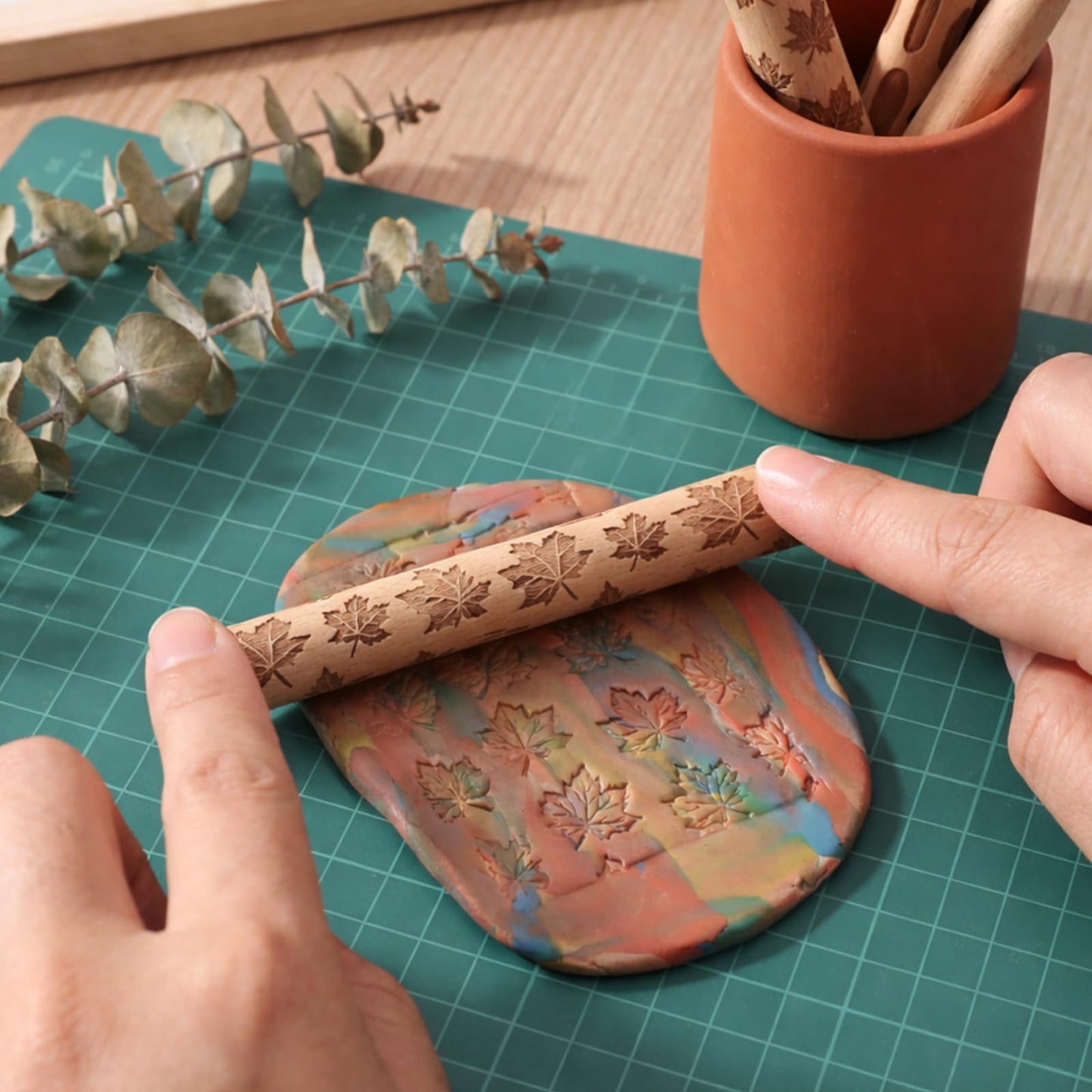 Conderyang 16Pcs Wooden Clay Texture Roller Set Clay Modeling Pattern Rollers Wooden Texture Rollers Wood Pottery Tools Pottery Tool Set for Artists Art Creation Ceramic DIY, 4In x 0.6In（Style 1)
