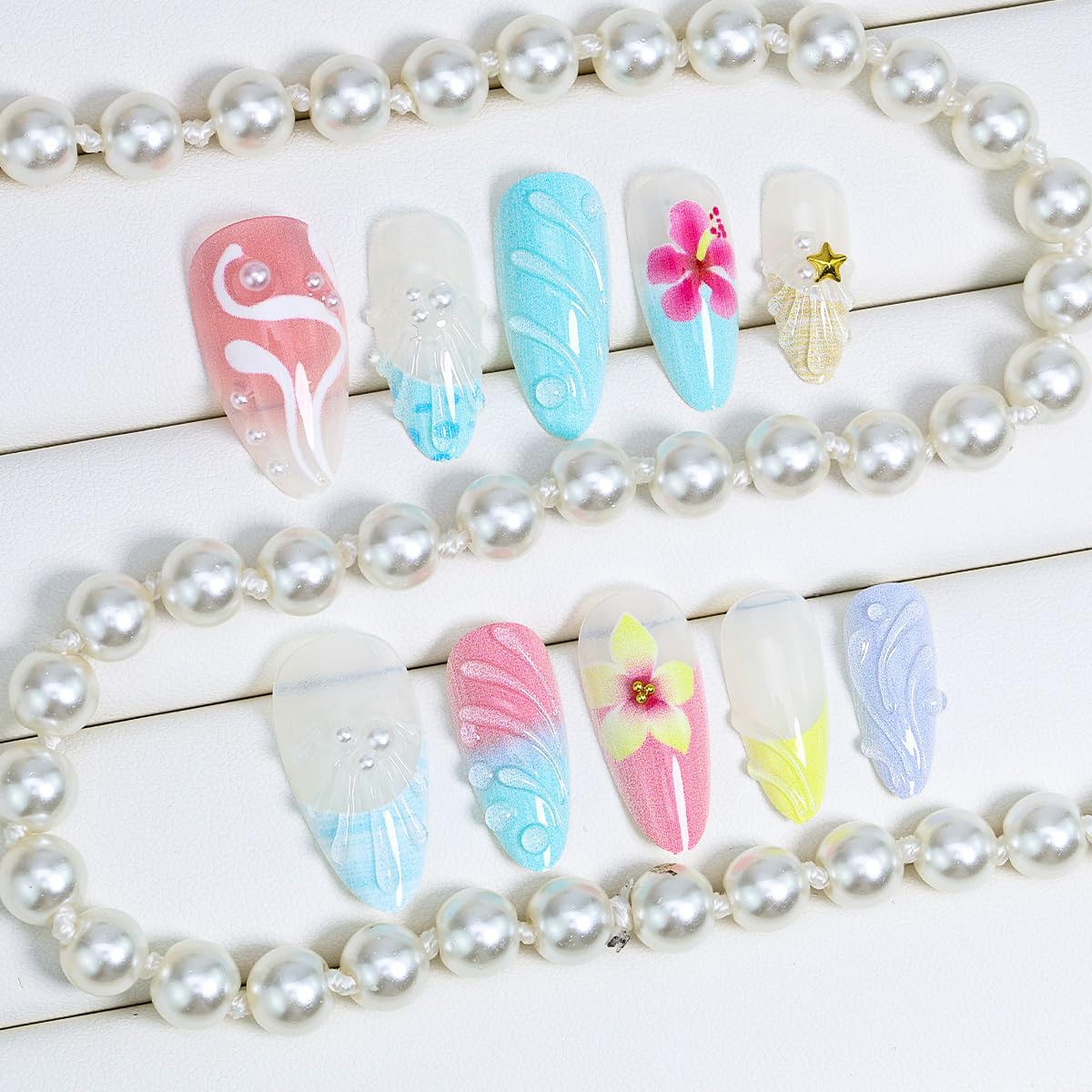 Leopard Print French Tip Press on Nails Medium Almond Flower Fake Nails Rhinestones Droplet Shaped Design Blue Pink Gradient Acrylic Nails Cute Glue on Nails Summer Salon Artificial False Nails 24Pcs