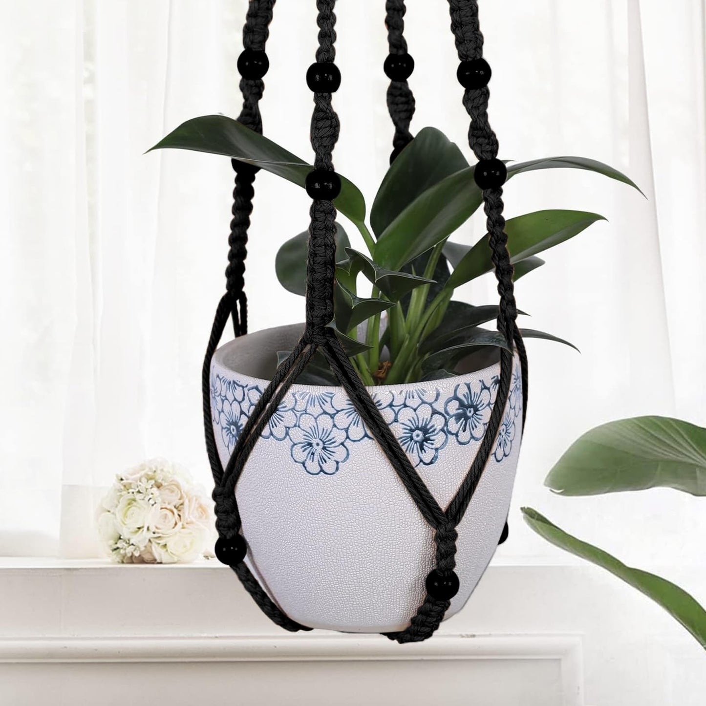 MKO SHUN 3-Pack Macrame Plant Hanger Indoor - Hanging Planter Basket for Indoor Outdoor - Decorative Boho Plant Holders Set with Beads - Ceiling Flower Pot Holder with 6 Hooks - 35"/30"/24" Black