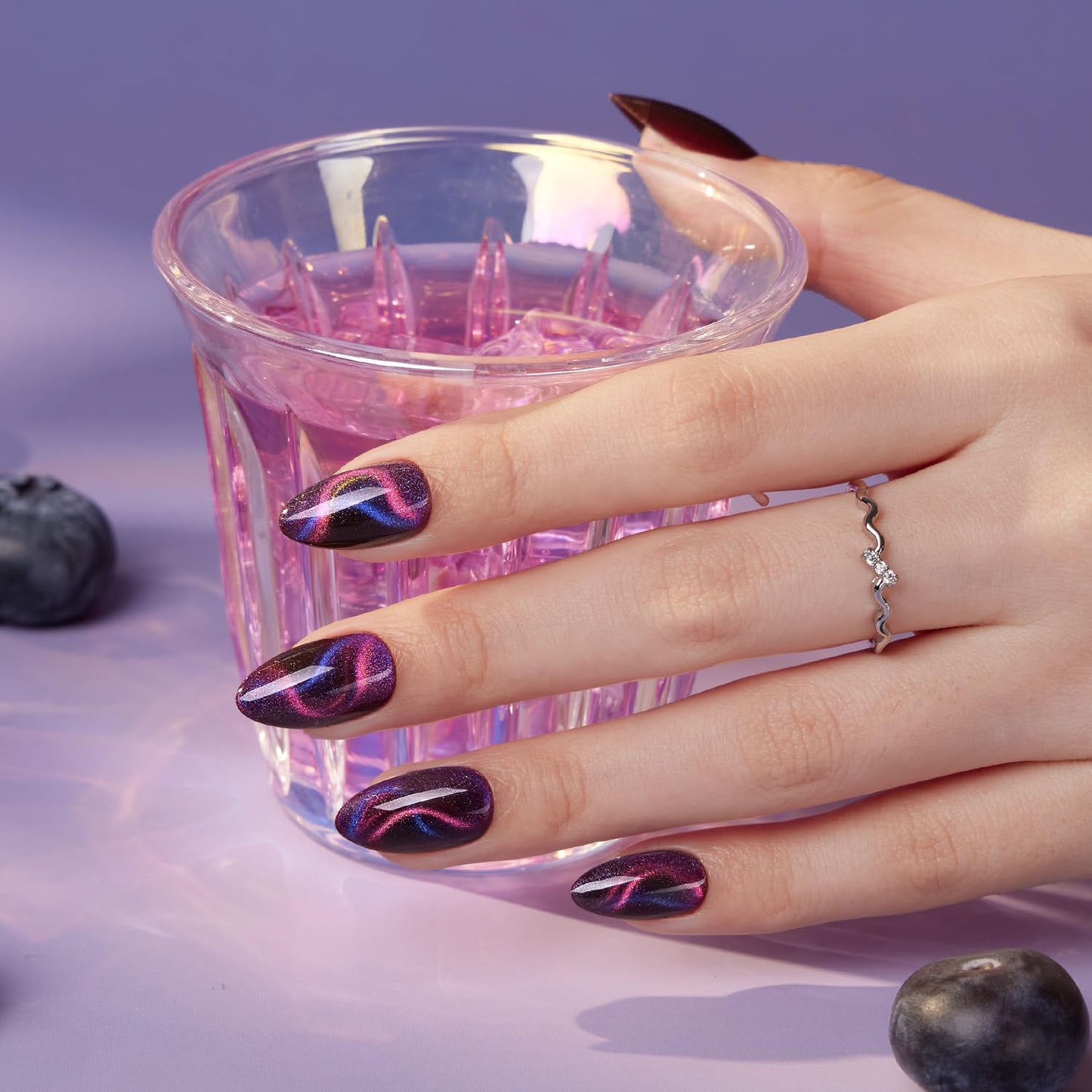 VSALON Press on Nails Short Almond - Cat Eye Dark Purple Shimmer Nails Kit for Women, Blue Pink Ribbon Shining Reusable Opaque Salon Quality Glue on Nails - 32 PCS 16 Sizes
