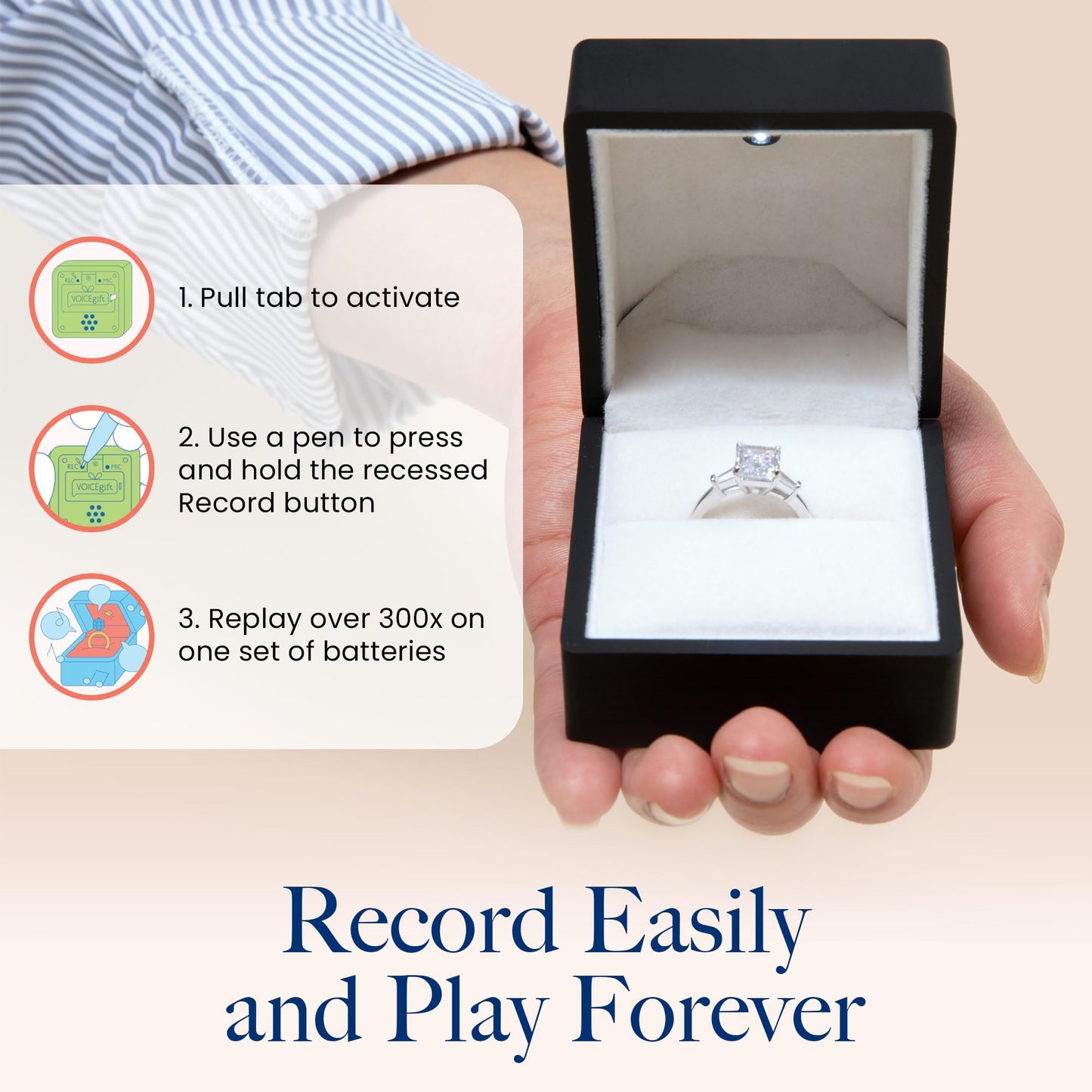 VOICEGIFT Ring Box Recordable Ring Box with LED Light, 60-Second Voice Recorder, Velvet Jewelry Gift Box for Proposal, Engagement, and Keepsake | Black