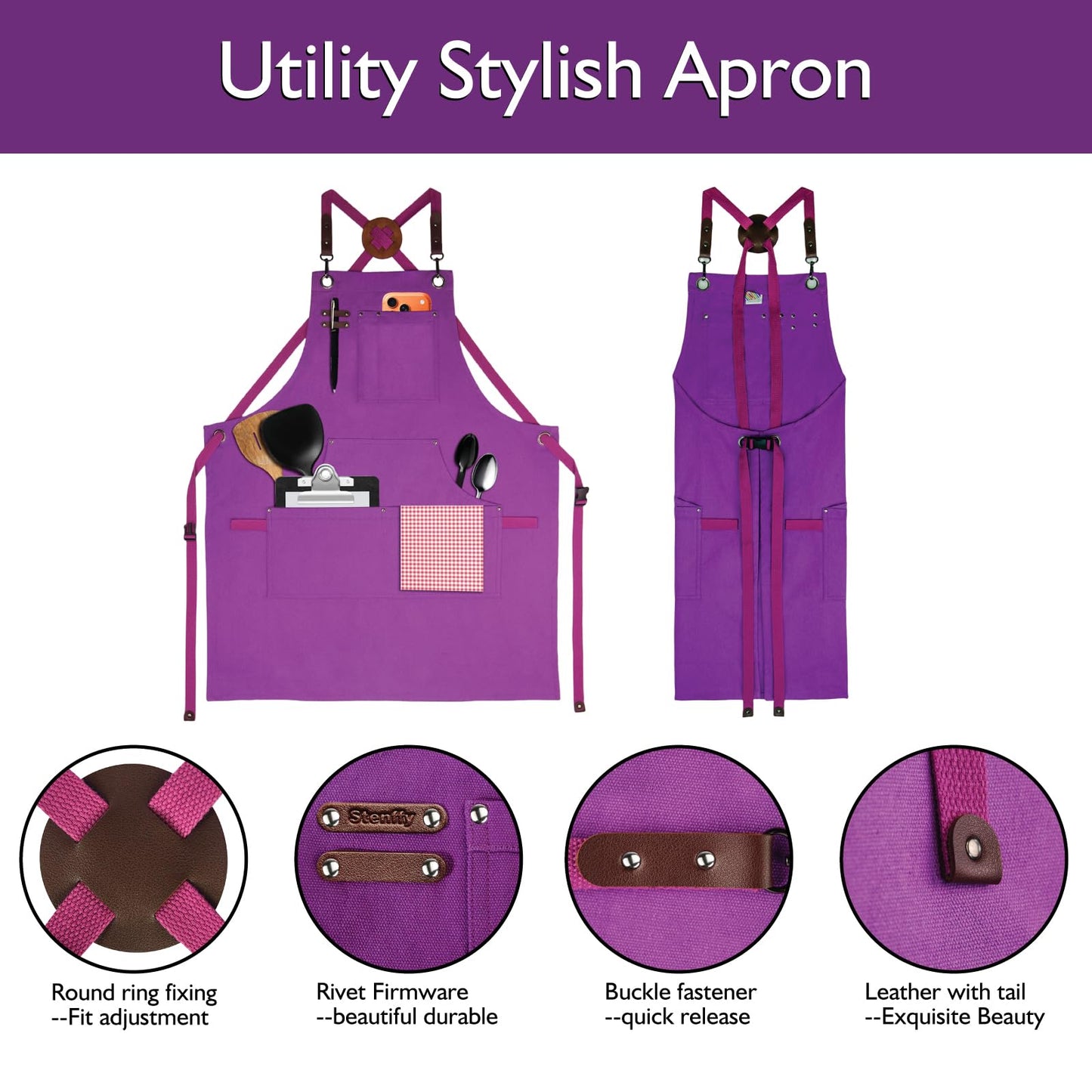 Stenffy Kitchen Apron, Work Apron, Canvas, Multiple Pockets, Gardening, Painting, BBQ, Artist, Carpenter, Sizes M to XXL, Purple