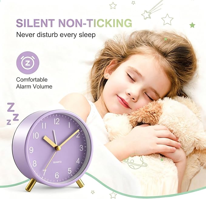 Analog Alarm Clock, Silent Non-Ticking with Night Light, Fashionable Round Metal Alarm Clock for Office, Battery Operated Alarm Clock for Bedroom, Elderly, Adults, Children, Student Gifts