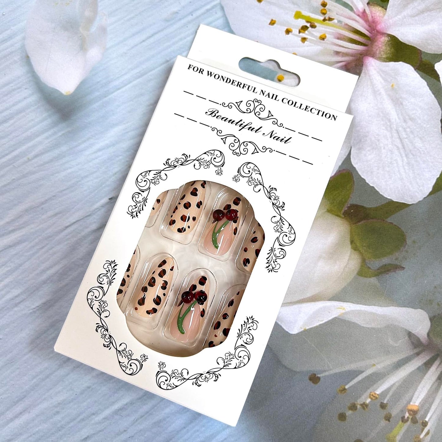 CJDLTS Leopard Almond French Tip Press on Nails Long Length 3D Cherry Fruit Design Full Cover Artificial False Nail Press Ons Fingernails Acrylic Nail Reusable Glue on Nails for Women 24Pcs