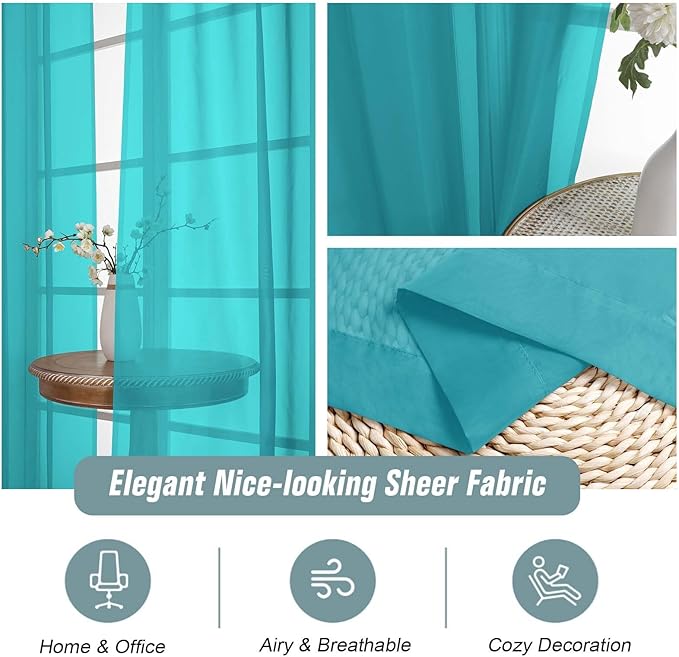 Turquoise Sheer Curtains 84 Inches Long 2 Panels, Elegant Airy Transparent Light Filtering Window Curtains, Window Drapes for Living Room Bedroom, Top Dual Rod Pocket Design, 2x42Wx84L Inches