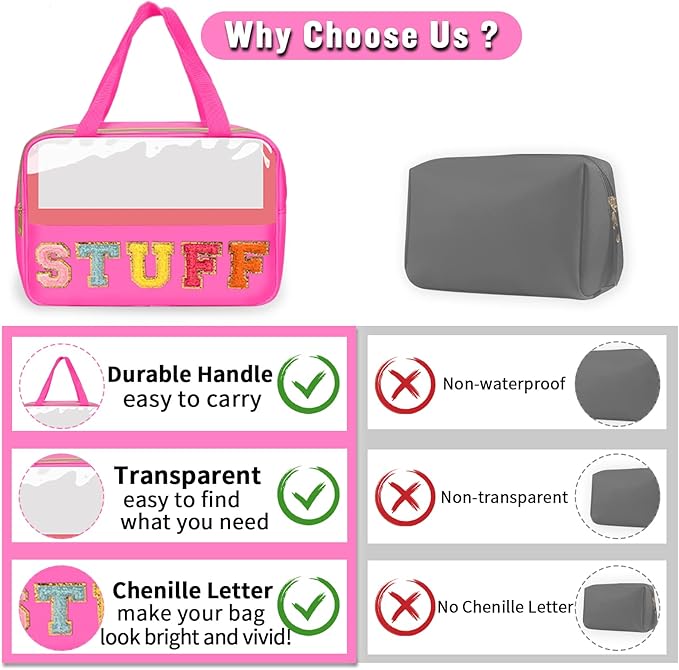 Chenille Letter Clear Makeup Bags Stuff Tote, Preppy Patch Makeup Bag Zipper with Handle, Waterproof PVC & Nylon Portable Glitter Large Cosmetic Travel Toiletry Storage for Women Girls(STUFF-Rose)