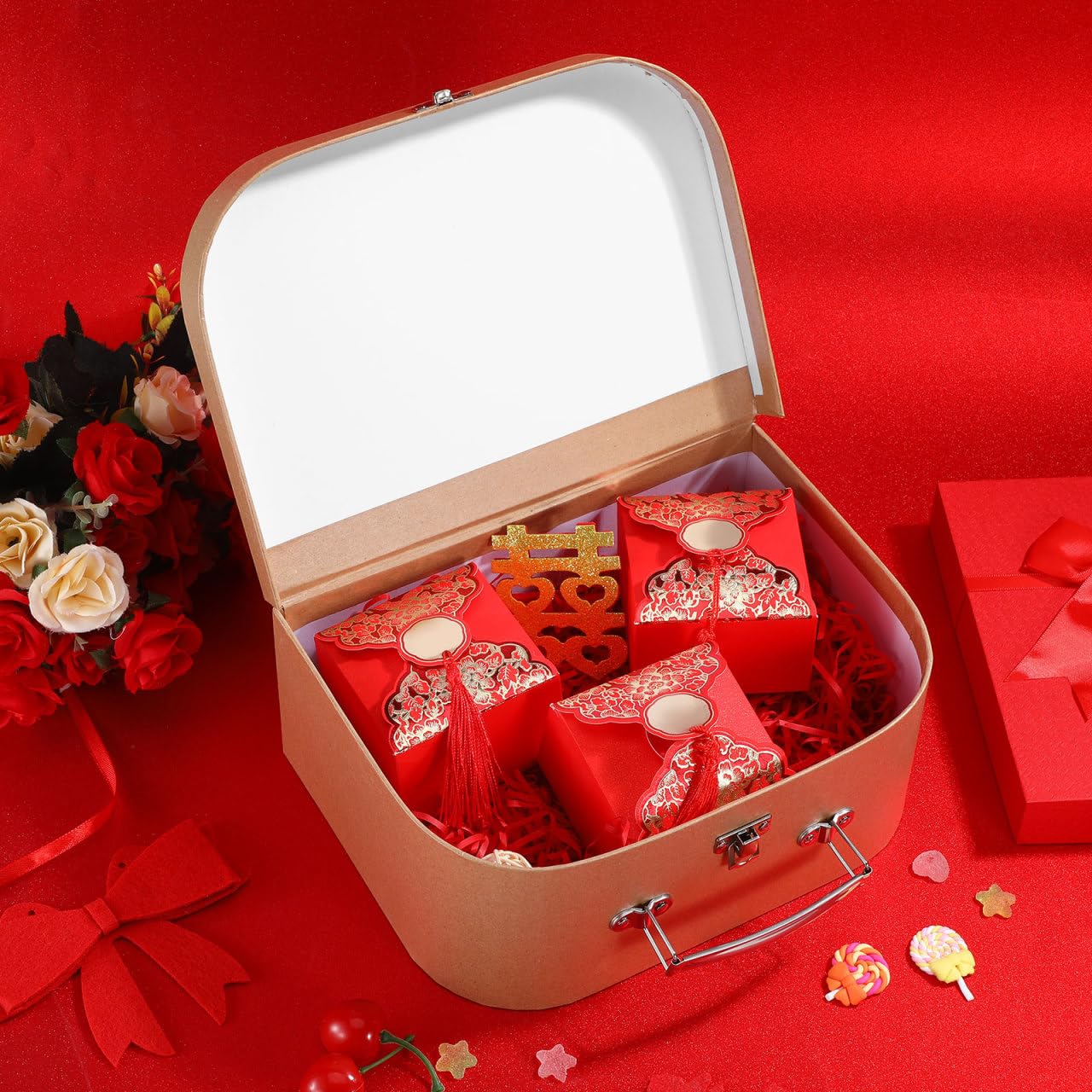 POPETPOP Kraft Paper Suitcase Gift Packaging Box with Handle 10.03X7.48X3.93In Multi-Functional Decorative Storage Case for Jewelry Wedding and Small Items